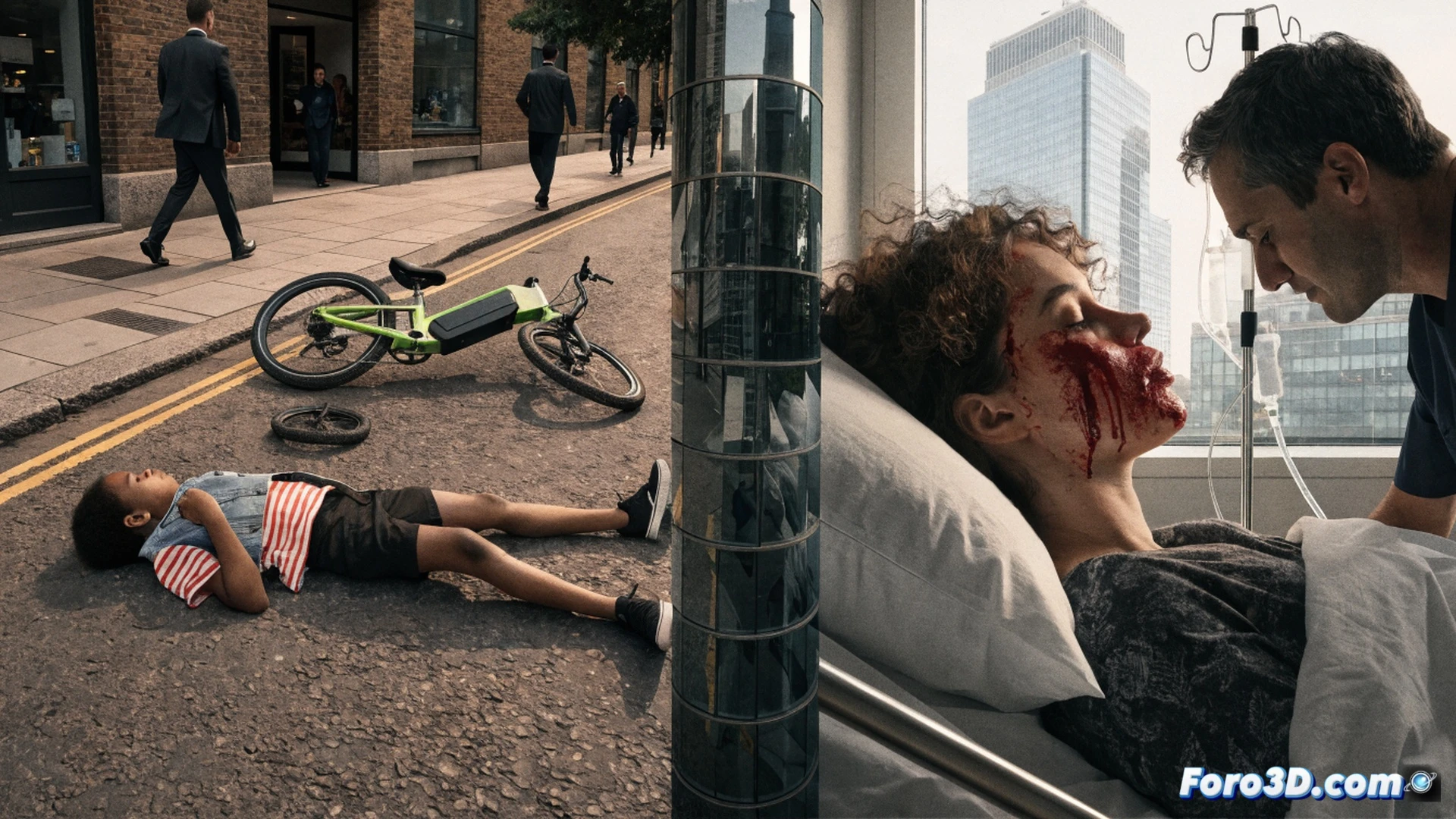 photorealistic street scene in London, a Lime electric bike speeding out of control on a sidewalk, a young child gripping the handlebars in panic, a woman in mid-fall after being struck, her body caught mid-impact, bike wheel crushing her ankle, fractured pavement texture, blurred city background, dramatic overcast lighting, motion blur on the spinning wheel spokes, helmet lying on the ground, technical detail of the bike’s electric motor and exposed wiring, cinematic accident reconstruction style, ultra-realistic urban environment, forensic evidence visualization, no text or numbers visible