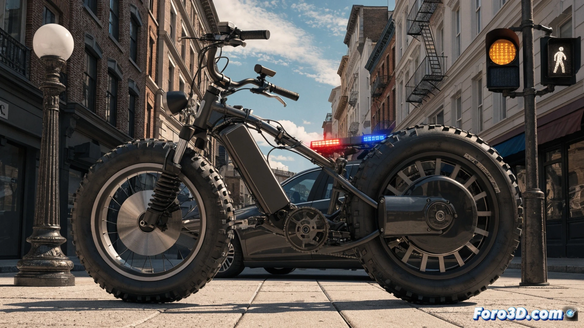 bicycle being modified with illegal motor controller and throttle handle, mechanic connecting wires to a 1000W hub motor while removing factory 250W label, speedometer display showing 45 km/h, multimeter measuring voltage on exposed battery terminals, laptop with tuning software open, police car approaching in background with blue lights, cinematic engineering visualization, gritty workshop lighting, metallic tools scattered on workbench, dramatic shadows, photorealistic technical render, high-contrast industrial atmosphere