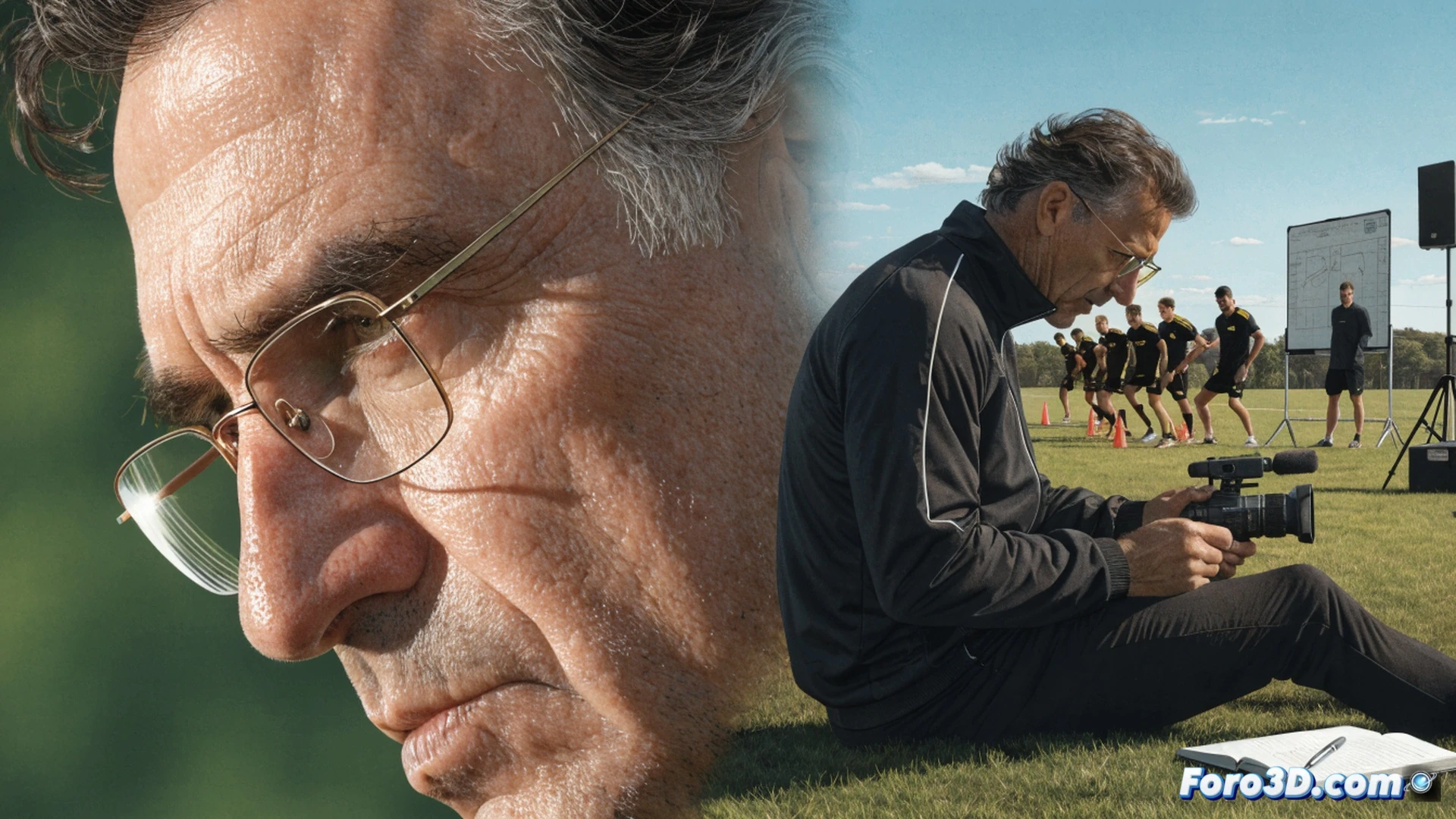 Marcelo Bielsa sentado en un banco de entrenamiento, rodeado de monitores mostrando repeticiones de jugadas tácticas, sosteniendo una tableta con diagramas de posiciones rivales, mientras asistentes graban cada movimiento con cámaras profesionales, balones dispersos en el césped, libretas abiertas con anotaciones detalladas, luz natural de atardecer, estilo cinematográfico hiperrealista, enfoque nítido en su expresión concentrada, fondo de campo de fútbol vacío, atmósfera de estudio meticuloso
