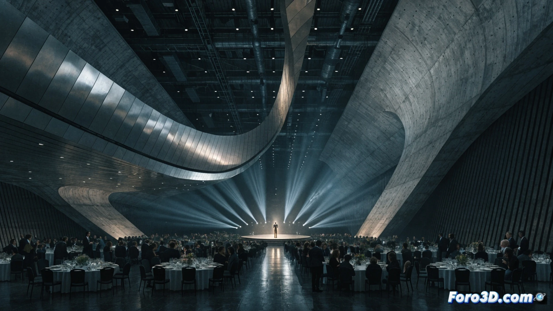European Museum Forum award ceremony in Bilbao, Palacio Euskalduna stage, museum directors shaking hands while holding a glowing crystal trophy, digital holographic museum floor plan floating above a tablet, architectural blueprints projected on a curved screen behind them, cinematic photorealistic visualization, dramatic spotlight illuminating the trophy, sleek modern interior with glass railings and steel beams, audience in formal attire blurred in foreground, soft warm lighting contrasting with cool blue holograms, ultra-detailed textures on the trophy facets, technical event photography style