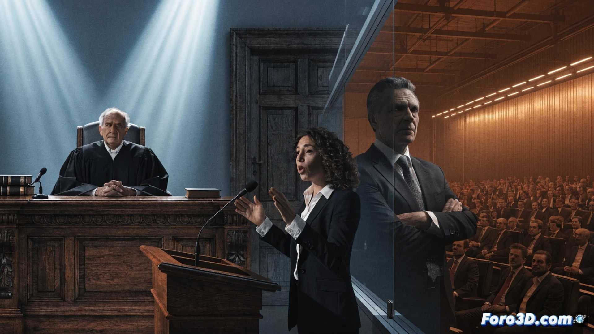 photorealistic cinematic scene of a politician's desk with scattered legal documents and a gavel, a smartphone screen showing a news headline about corruption, a broken chain symbolizing halted justice reform lying beside a pen, while a hand reaches to place a fresh sheet of paper labeled regeneration plan onto the desk, dramatic overhead lighting casting shadows, polished wood surface reflecting the action, technical illustration style with sharp focus on legal tools and paper textures, no text visible