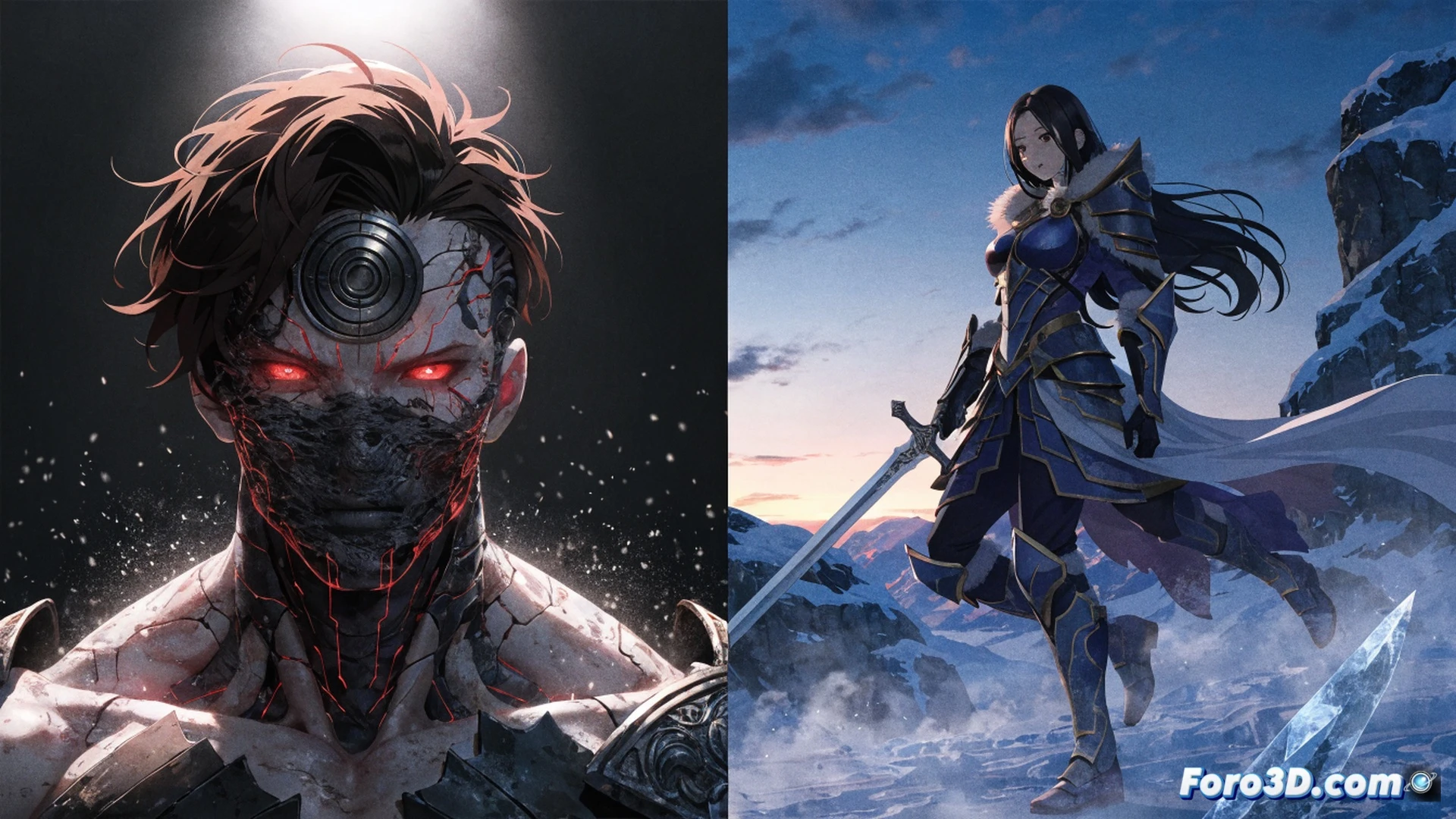Bilibili y ADN logos fusionándose en un flujo digital, mientras dos personajes animados de Hero Killer y The First Frost emergen de pantallas divididas, mostrando acción de combate y escenas románticas, durante el proceso de renderizado en estaciones de trabajo con monitores mostrando líneas de código y software de animación, cinematic technical illustration, luces de estudio azules y rojas, cables y tabletas gráficas sobre la mesa, partículas de datos fluyendo entre las pantallas, estilo photorealistic con elementos de anime