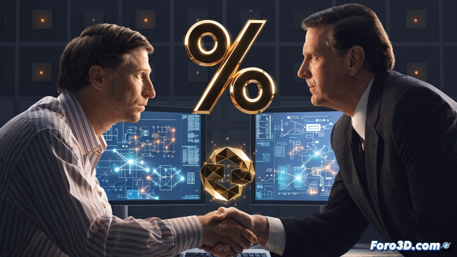 Cinematic scene of a 1980s office desk with early Microsoft floppy disks and a CRT monitor showing a stock chart, Bill Gates handing a signed document and a floppy disk to Steve Ballmer, both in 1980s business attire, a glowing 8.75 percent share icon floating above the paper, Ballmer’s hand reaching out while a holographic graph on the monitor projects rising stock lines surpassing Gates’ portfolio, photorealistic technical illustration, warm office lighting, vintage computer hardware, papers with code printouts, dramatic shadows emphasizing the transfer, ultra-detailed textures on wood desk and plastic floppy cases, engineering visualization style.