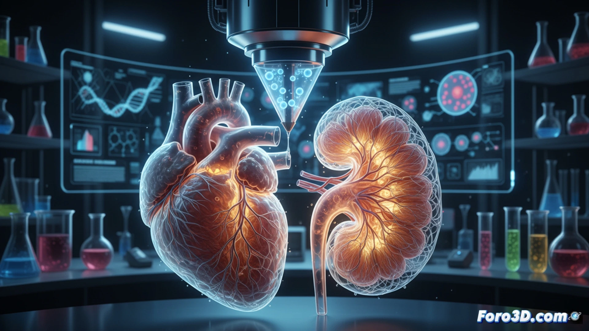 Bioimpresora 3D creando un andamio celular con células madre para regeneración de tejidos vivos