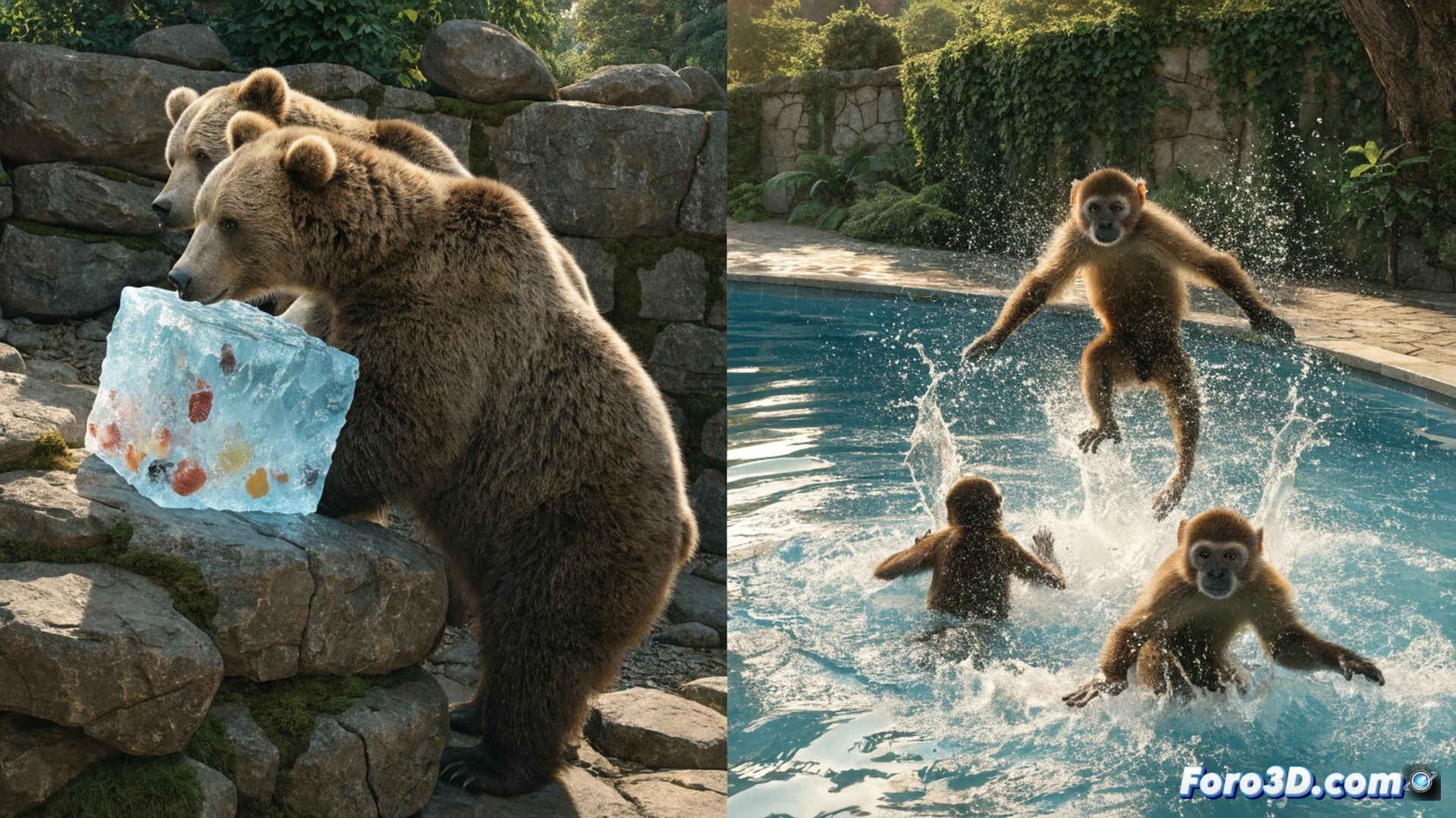 Bioparco de Roma, oso pardo sumergiendo su cabeza en una piscina de plástico azul durante una ola de calor, ghiacciolo de frutas rojo sostenido entre sus garras, hielo derritiéndose sobre su pelaje, monos capuchinos saltando alrededor de un bebedero con vapor de agua elevándose, ramas de árboles proyectando sombras moteadas, fotorealistic cinematographic shot, luz solar intensa filtrándose entre hojas, textura de piel húmeda y hielo translúcido, acción de enfriamiento visible en cada animal, fondo de recinto con rocas y vegetación seca, estilo documental naturalista