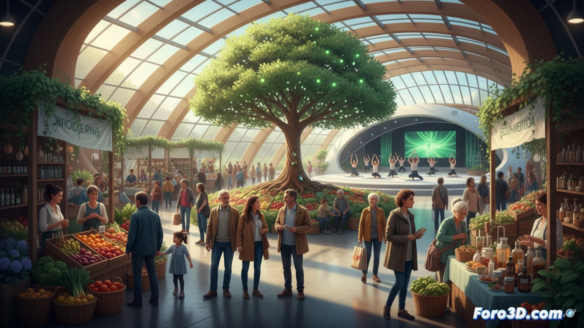 Photorealistic wide shot of a bustling eco-fair inside a modern convention hall, Ficoba, with over 120 wooden stalls in neat rows, visitors holding reusable bags examining organic produce and green products, a woman touching a solar-powered composter while a man tests a bamboo bicycle, large digital screens showing carbon-footprint data and circular economy diagrams, natural wood architecture with living green walls, soft daylight from skylights, warm earthy tones, clean sustainable design, action of people engaging with eco-innovations, technical exhibition layout visible.