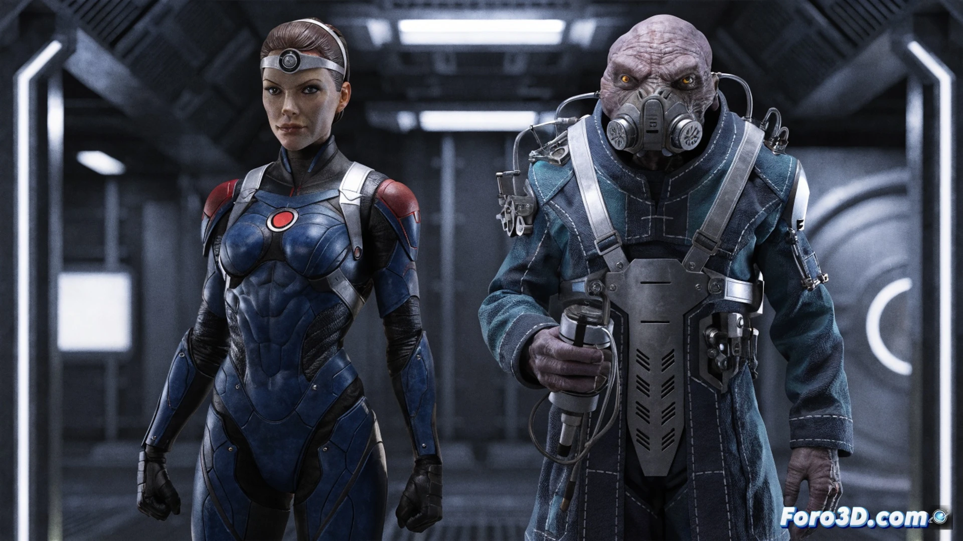 Photorealistic technical illustration of Miranda Lawson and Mordin Solus action figures on a design workstation, a digital caliper measuring Miranda's articulated arm joint while a CAD wireframe of Mordin's head floats above a tablet, injection mold tooling visible in background, dramatic studio lighting with cool blue and warm orange rim light, ultra-detailed plastic texture, seam lines and hinge mechanisms shown, cinematic product engineering visualization
