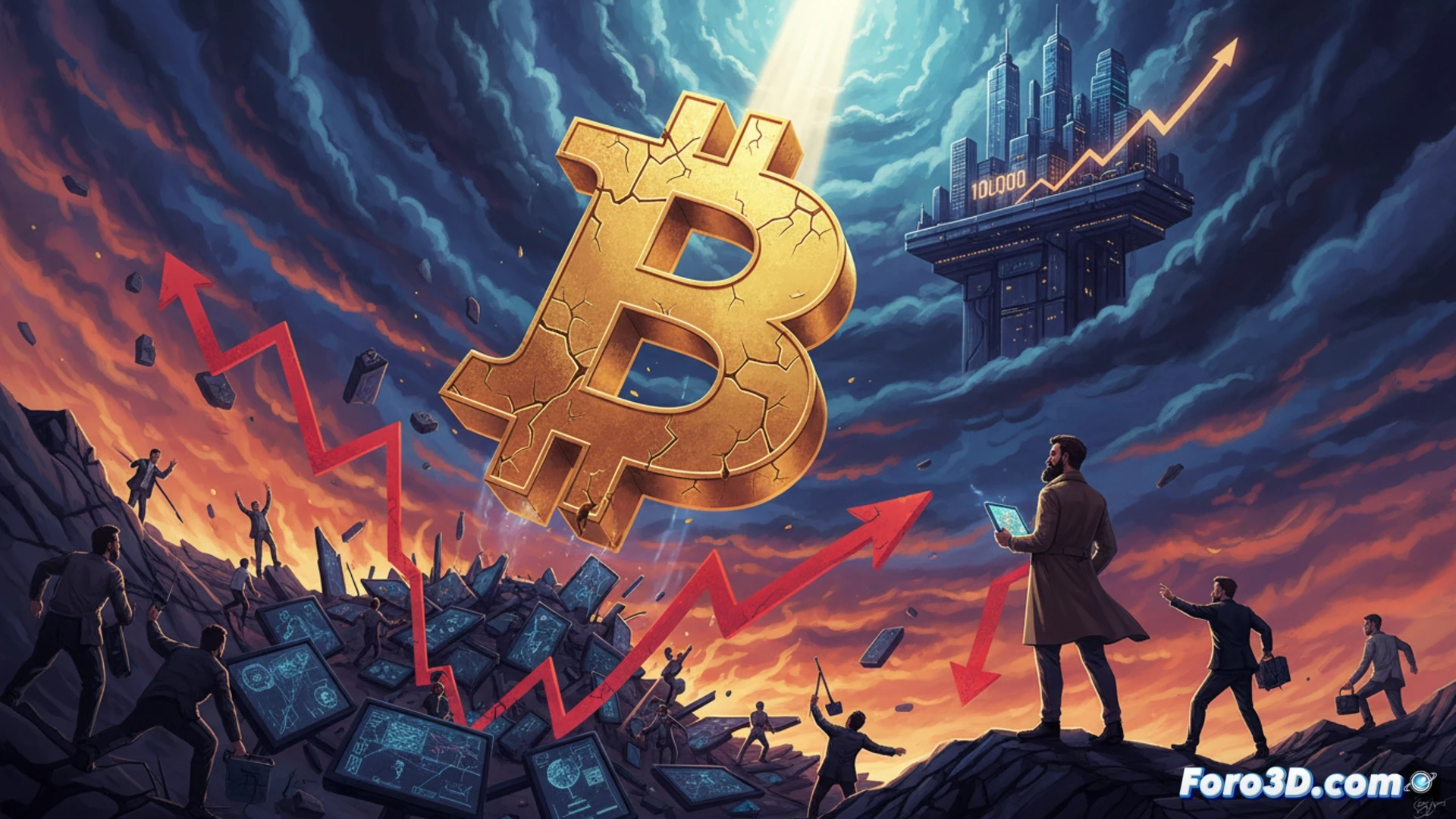 Bitcoin price chart splitting in half with jagged red line plunging downward, glowing digital chains wrapping around falling Bitcoin symbol while a single golden Bitcoin breaks free and rises toward 100k target line, stock sell-off papers scattering from a Strategy corporate building window, terrified investor silhouette watching screens showing 15% crash, another silhouette calmly buying discounted coins from a vending machine labeled low price, cinematic financial thriller style, photorealistic trading floor visualization, dramatic dark blue and red lighting, glowing neon green buy button, ultra-detailed candlestick patterns on multiple monitors, realistic reflection on glass desk, motion blur on falling coins, high contrast dramatic shadows