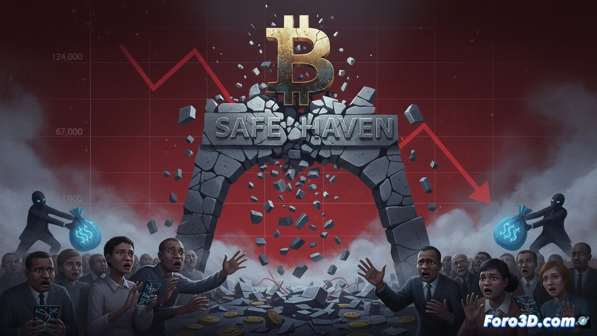 Bitcoin price chart collapsing in dramatic freefall, red candlestick bars cascading downward from 124000 to 67000, shattered glass effect over digital trading screen, abandoned computer monitors displaying crash data, empty office chair in front of glowing screens, dust particles floating in dark room, cold blue emergency lighting, cracked screen surface showing downward arrows, photorealistic technical illustration, cinematic atmosphere, ultra-detailed hardware components, broken keyboard with scattered keys, dramatic shadows, high contrast industrial lighting, realistic render