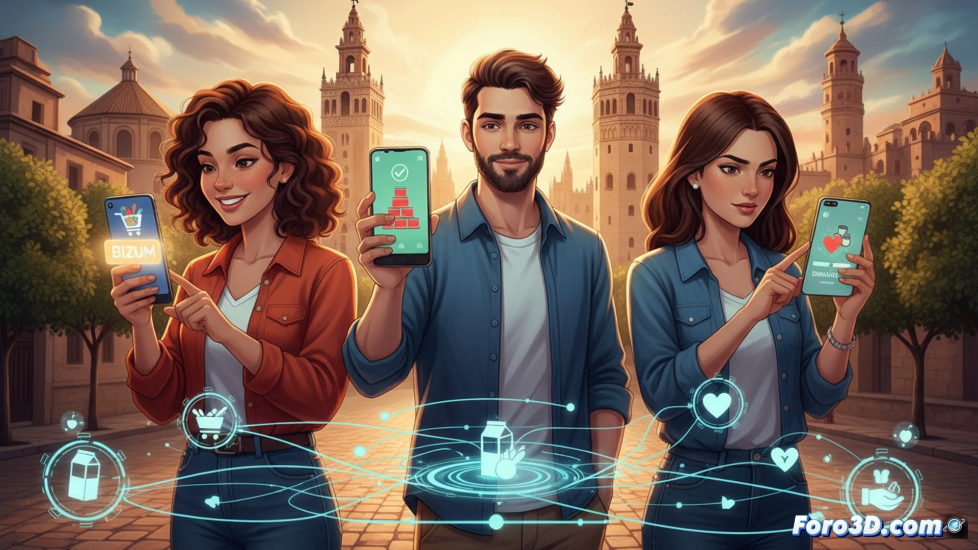 Grupo diverso de jóvenes en un mercado sevillano mostrando teléfonos móviles con pantallas encendidas, dedos tocando la interfaz de una app de pago mientras una cesta de alimentos vacía se llena visualmente con productos no perecederos, proceso de donación digital en segundos, manos pasando el móvil de una persona a otra en un gesto de solidaridad continua, fondo con estanterías de supermercado despejadas, luz natural cálida de atardecer, estilo cinematográfico realista, enfoque nítido en las pantallas táctiles y gestos de donación, atmósfera de acción comunitaria digital, photorealistic technical render