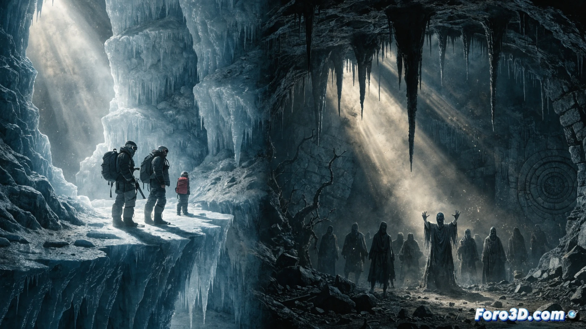 snow-covered mountain slope at night, a family skiing downhill while a child is grabbed by hooded cult members emerging from a blizzard, ski poles and snowboards scattering, parents reaching desperately, flickering flashlight beams cutting through snowfall, cinematic horror visualization, dark pine forest background, motion blur on falling snow, red emergency glow from a distant lodge, ultra-detailed snow textures, dramatic low-angle action shot, photorealistic suspense scene