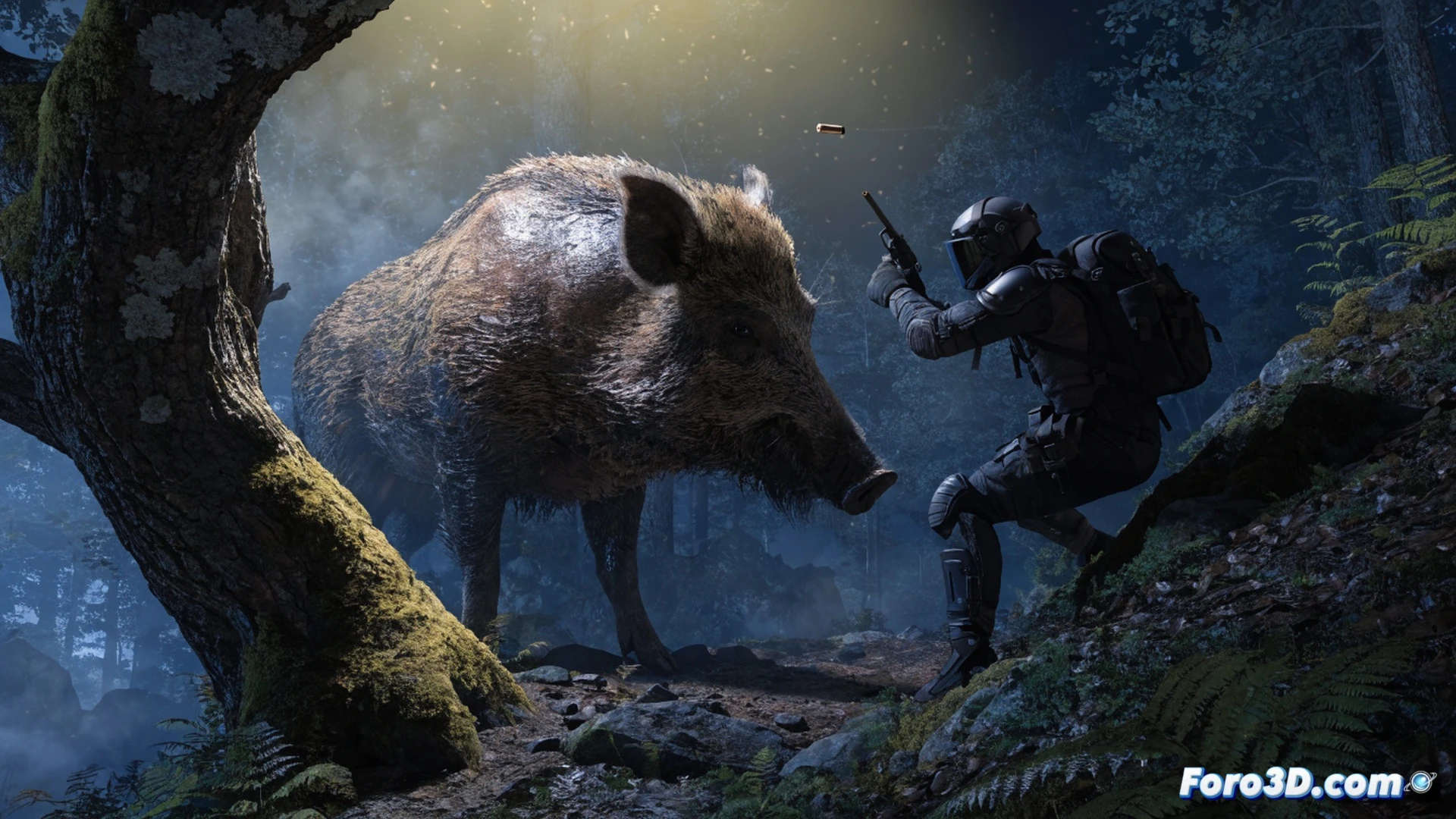 Assassin hidden in dense jungle foliage aiming a flintlock pistol at a wild boar, single precise headshot mid-action, animal collapsing silently without chase, leather boots on damp moss, pistol smoke drifting, glowing resource icons floating near fallen animal, cinematic third-person action shot, dramatic sun rays through canopy, photorealistic game engine render, ultra-detailed fur and foliage textures, dynamic lighting with volumetric fog, 4K technical illustration style