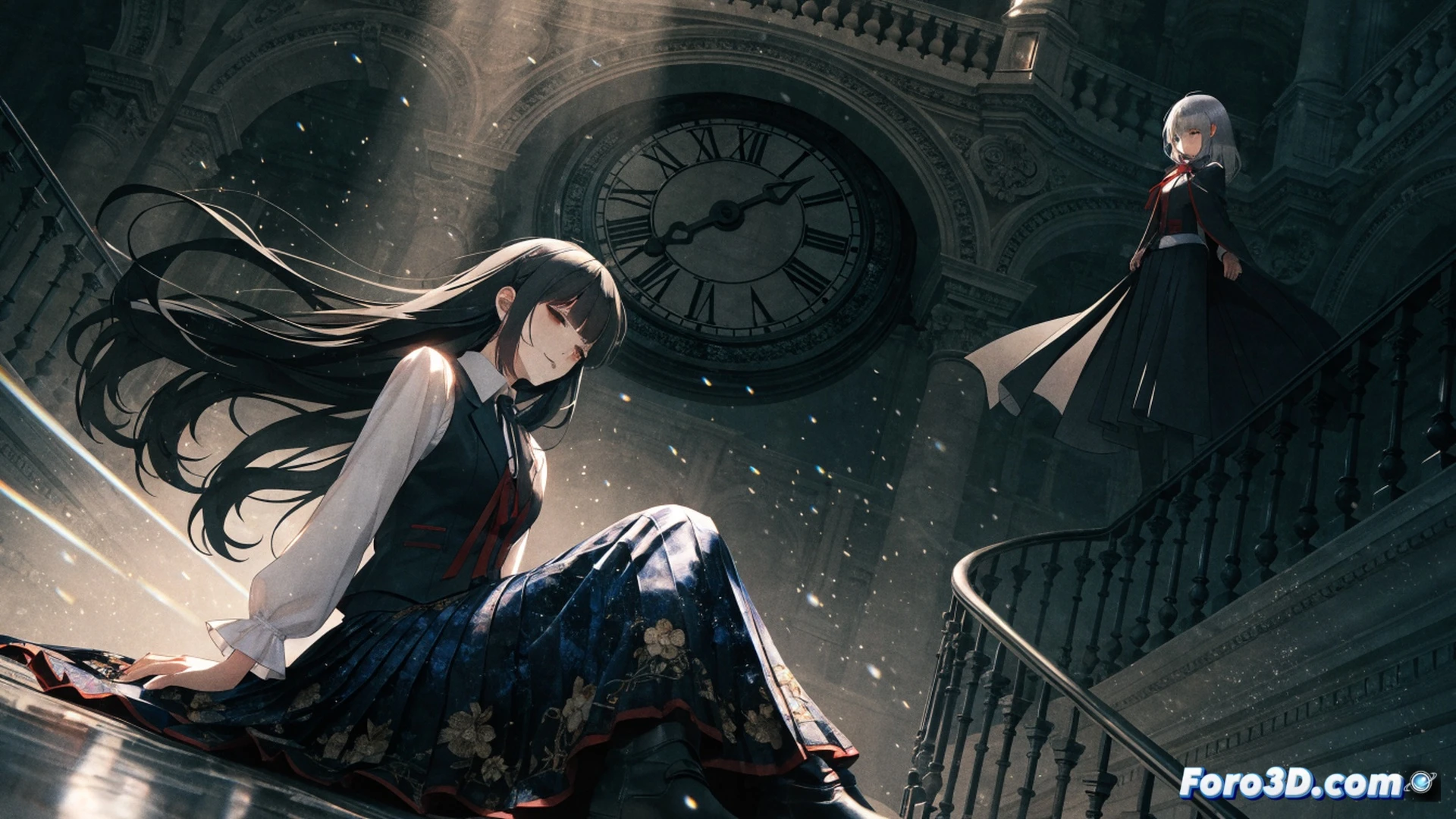 Nintendo Switch console resting on a table, game cartridge labeled Black Lily’s Tale being inserted into the slot, glowing temporal loop ring surrounding a young girl’s silhouette on the screen, cherry blossom petals floating in the air, romantic tension visible as two female characters reach toward each other, Japanese text interface displayed on the screen, PC monitor beside the Switch showing English translation options, dramatic cinematic lighting, soft pink and dark purple color palette, photorealistic technical illustration, detailed console textures, glowing particles around the cartridge, emotional yuri visual novel atmosphere