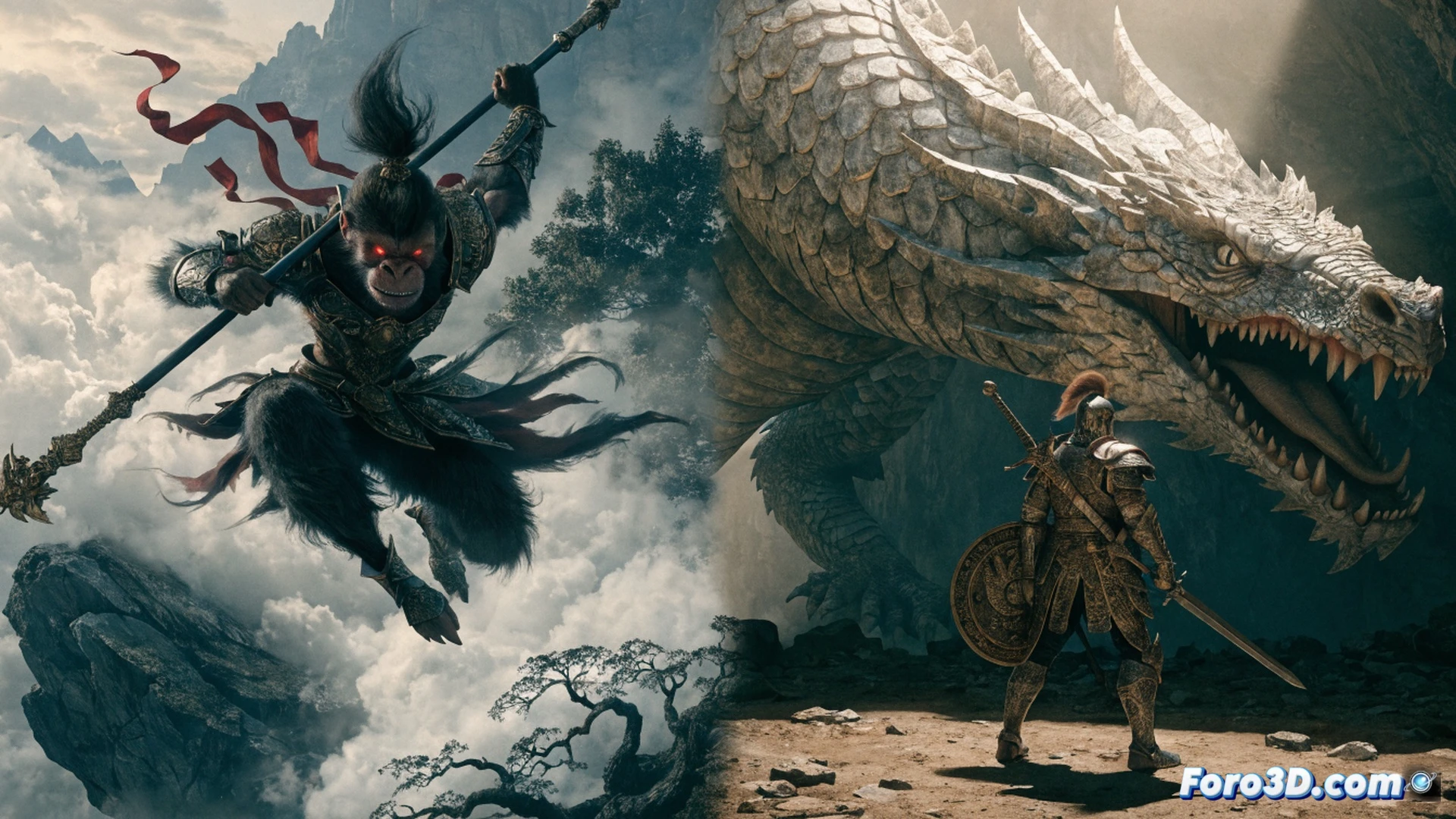 Chinese mythical warrior Wukong mid-action swinging a golden staff, shattering a glowing Elden Ring-style rune circle into fragments, sparks and light trails erupting from the impact, a PC tower and game controller visible in the background on a sleek desk, monitor displaying sales graph with rising curve, cinematic technical illustration, dynamic motion blur, dramatic spotlight from above, realistic metallic reflections on the staff, ultra-detailed character textures, photorealistic engineering visualization