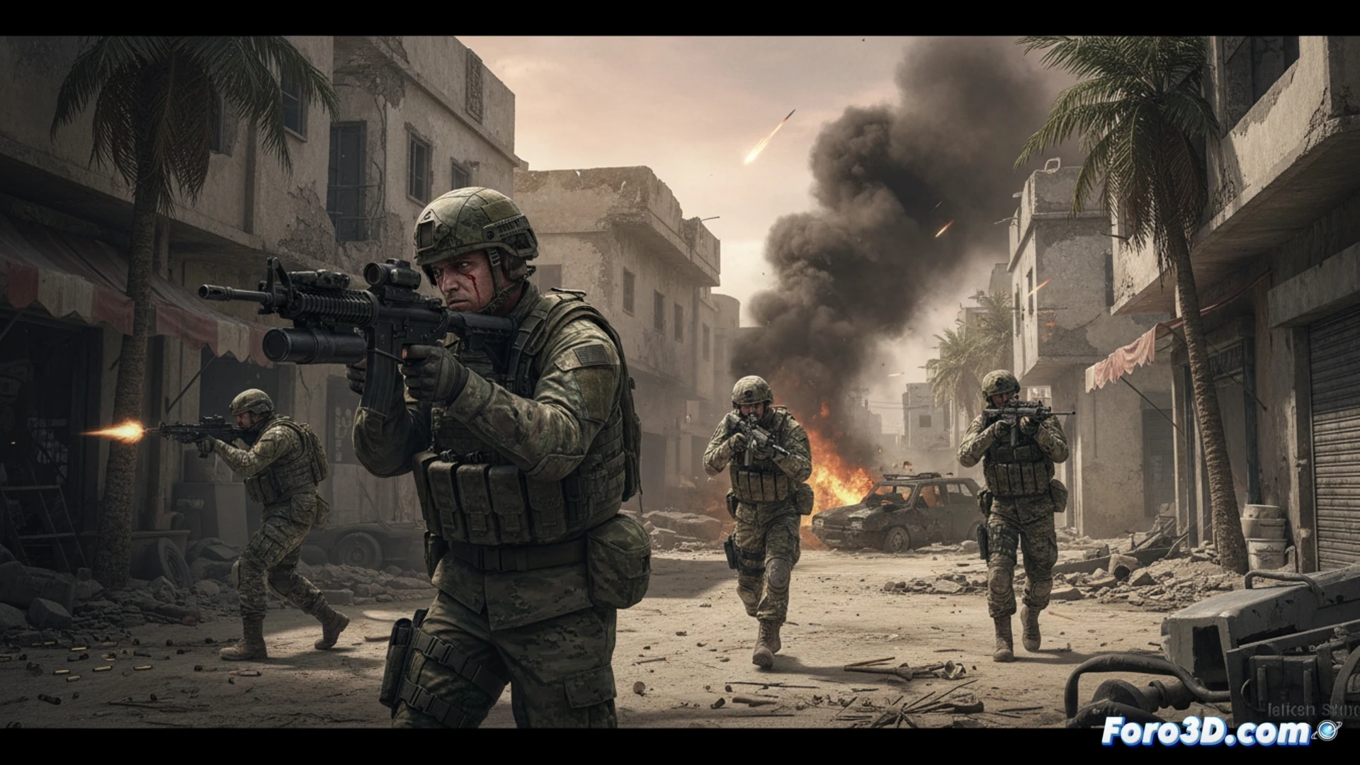 veteran soldier aiming classic assault rifle across destroyed urban street, concrete debris scattered, smoke rising from distant explosions, retro HUD overlay with minimal UI elements, no futuristic movement indicators, map reminiscent of Black Ops 2 era, photorealistic cinematic render, gritty military atmosphere, muted green and gray color palette, dramatic shadows from low sun, weapon muzzle flash illuminating face, tactical vest with worn magazine pouches, 2012 aesthetic preserved, no wall-running or sliding animation, grounded combat stance, ultra-detailed weapon textures, realistic dust particles in air