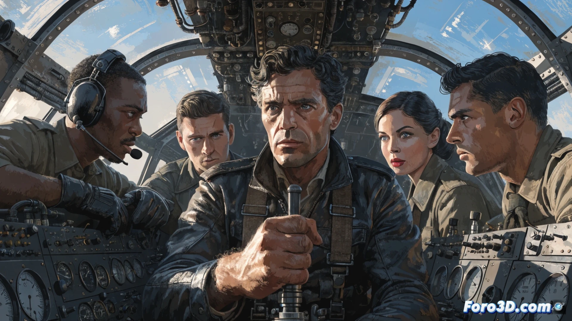vintage fighter aircraft in a dark hangar, World War II-era propeller plane with worn metal skin and faded insignia, pilot in leather flight jacket and goggles standing beside the cockpit, plane surrounded by scattered maintenance tools and blueprints, dramatic shaft of light from above illuminating dust particles, cinematic photorealistic style, cold metallic tones, weathered textures, abandoned atmosphere, technical illustration aesthetic, high contrast lighting, ultra-detailed mechanical components