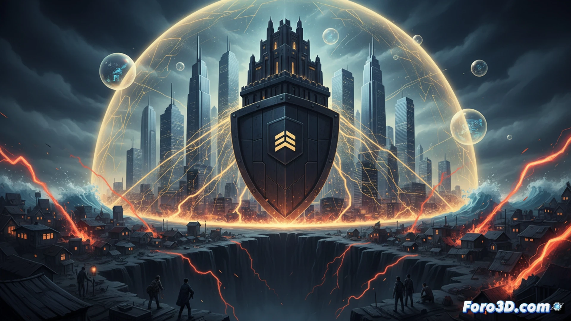 Cinematic photorealistic scene showing a massive concrete fortress with glowing financial data streams, surrounded by a transparent digital shield, while outside a storm of red market crash symbols and lightning strikes hits a small wooden stall labeled with a hand-drawn graph, the stall’s roof leaking data droplets, contrast between reinforced server racks inside the fortress and a single flickering laptop on the stall, dramatic industrial lighting, ultra-detailed textures, inequality visualized through protective barriers versus exposed vulnerability, technical illustration style.
