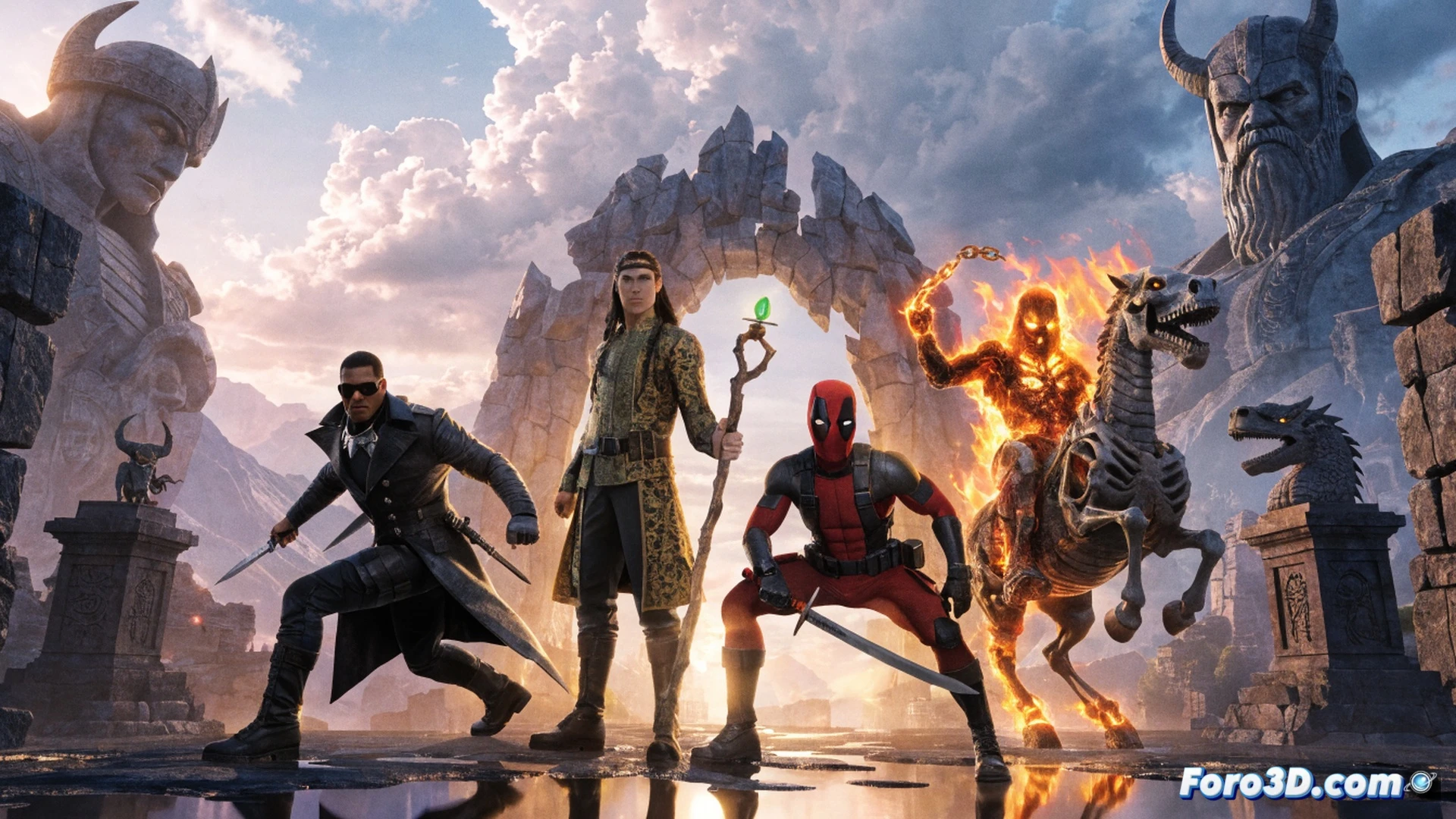 Blade empuñando una espada samurái estilizada junto a Loki con proyecciones mágicas verdes y Deadpool con katanas en Asgard, Ghost Rider en llamas al fondo, durante un combate dinámico contra enemigos sombríos, demostrando habilidades especiales en un campo de batalla nórdico con runas brillantes y piedras flotantes, cinematic fighting game visualization, dramatic lightning strikes, particle effects from magical attacks, metallic armor reflections, ultra-detailed character textures, photorealistic action render
