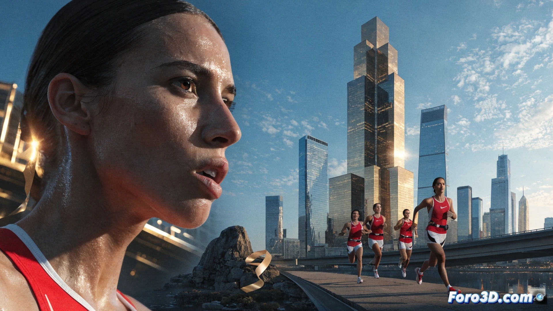 Atletas femeninas en carrera de relevo 4x400 metros, pasando el testigo en una curva de pista sintética roja, piernas en máxima extensión, músculos tensos durante el esfuerzo explosivo, sudor visible en dorsales y rostros concentrados, luz de estadio creando sombras dinámicas, cinco atletas en formación compacta, movimiento borroso en el fondo, cámara lenta capturando el momento exacto del intercambio, estilo cinematográfico fotorealista, gran angular desde la pista, alta definición de texturas en la ropa técnica y zapatillas con clavos.