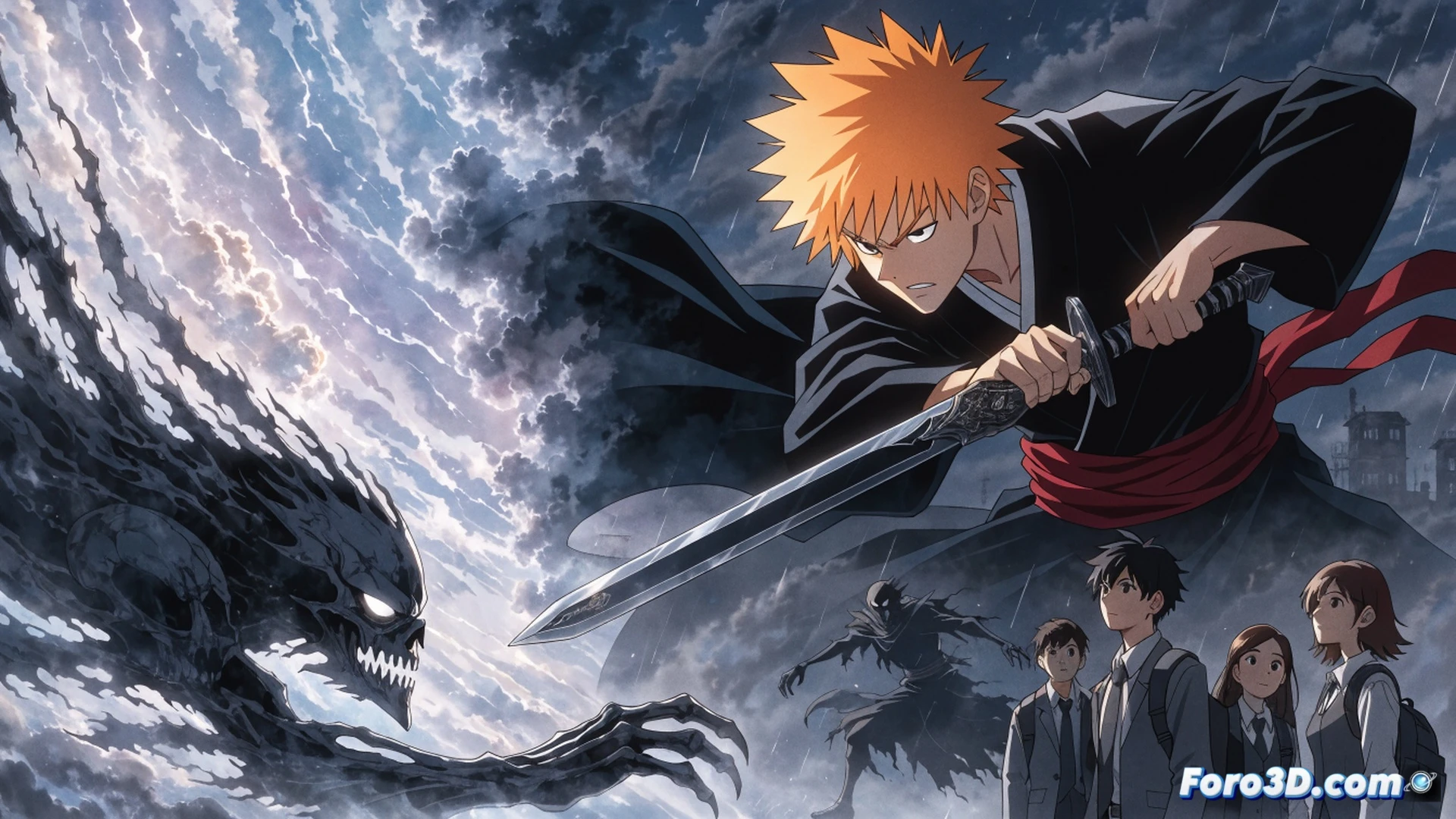 adolescent shinigami ichigo kurosaki mid-air clash against hollow, massive black zanpakutō blade swinging in dynamic arc, spiritual pressure waves rippling outward as glowing blue reishi particles, orange hair whipping in action wind, shattered concrete debris floating in zero-gravity, traditional shihakusho robe torn at edges, hollow mask fragment cracking on face, dramatic manga-style ink splatters mixed with cel-shaded lighting, dark storm clouds overhead with lightning, intense motion lines converging on impact point, cinematic anime battle scene, ultra-detailed character design, high-contrast volumetric lighting, deep black shadows with electric blue highlights