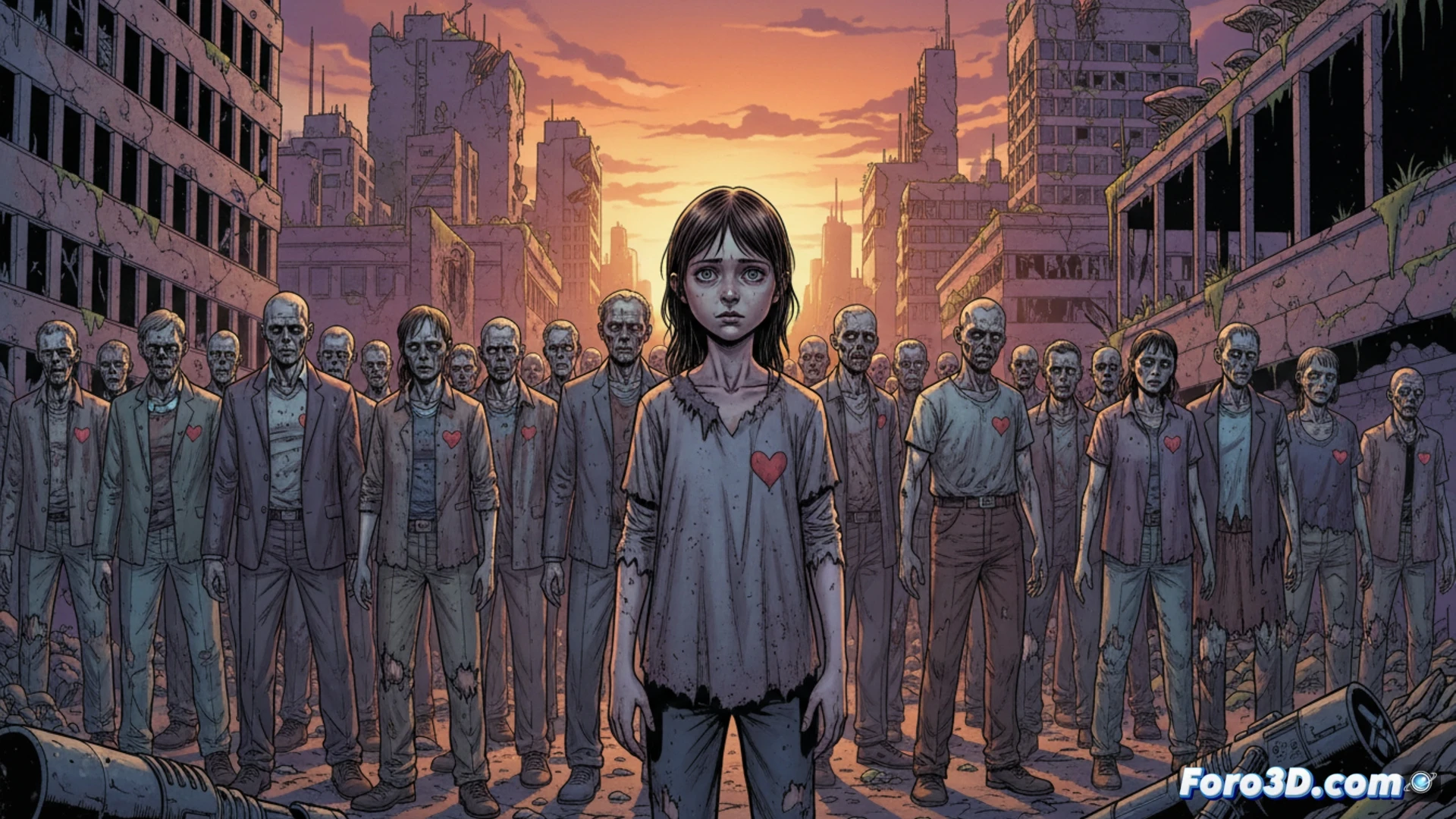 zombie community gathering in a dilapidated warehouse, orphaned daughter standing alone near a cracked window, undead characters repairing broken machinery with rusted tools, shelves of canned food and medical supplies arranged in neat rows, cinematic scene with dramatic shadows and cold blue lighting, photorealistic style, emotional tension shown through body language, peeling paint on walls, faint smoke rising from a small fire barrel, abandoned city visible through broken glass, Vertigo comic aesthetic with gritty textures