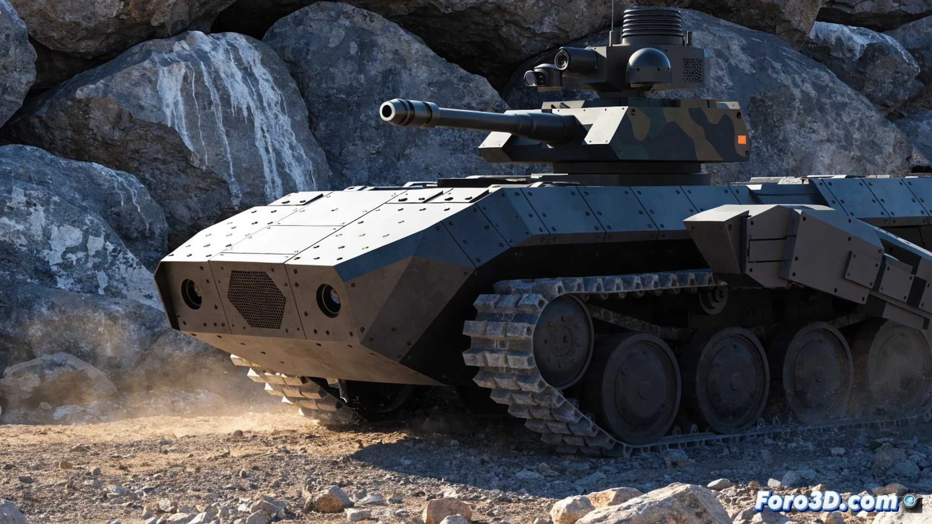 Spanish military Rhinos unmanned ground vehicle prototype traversing rocky terrain at high speed, 10-ton armored hull with 30mm autocannon rotating during live-fire demonstration, dust clouds kicked up by tracked suspension system, tactical antenna array transmitting real-time battlefield data, engineering team monitoring from mobile command unit in background, cinematic photorealistic technical visualization, dramatic golden hour desert lighting, metallic armor panels with matte camouflage finish, motion blur on rotating turret, glowing sensor suite indicators, ultra-detailed mechanical drivetrain components, tactical environment with smoke haze and debris particles