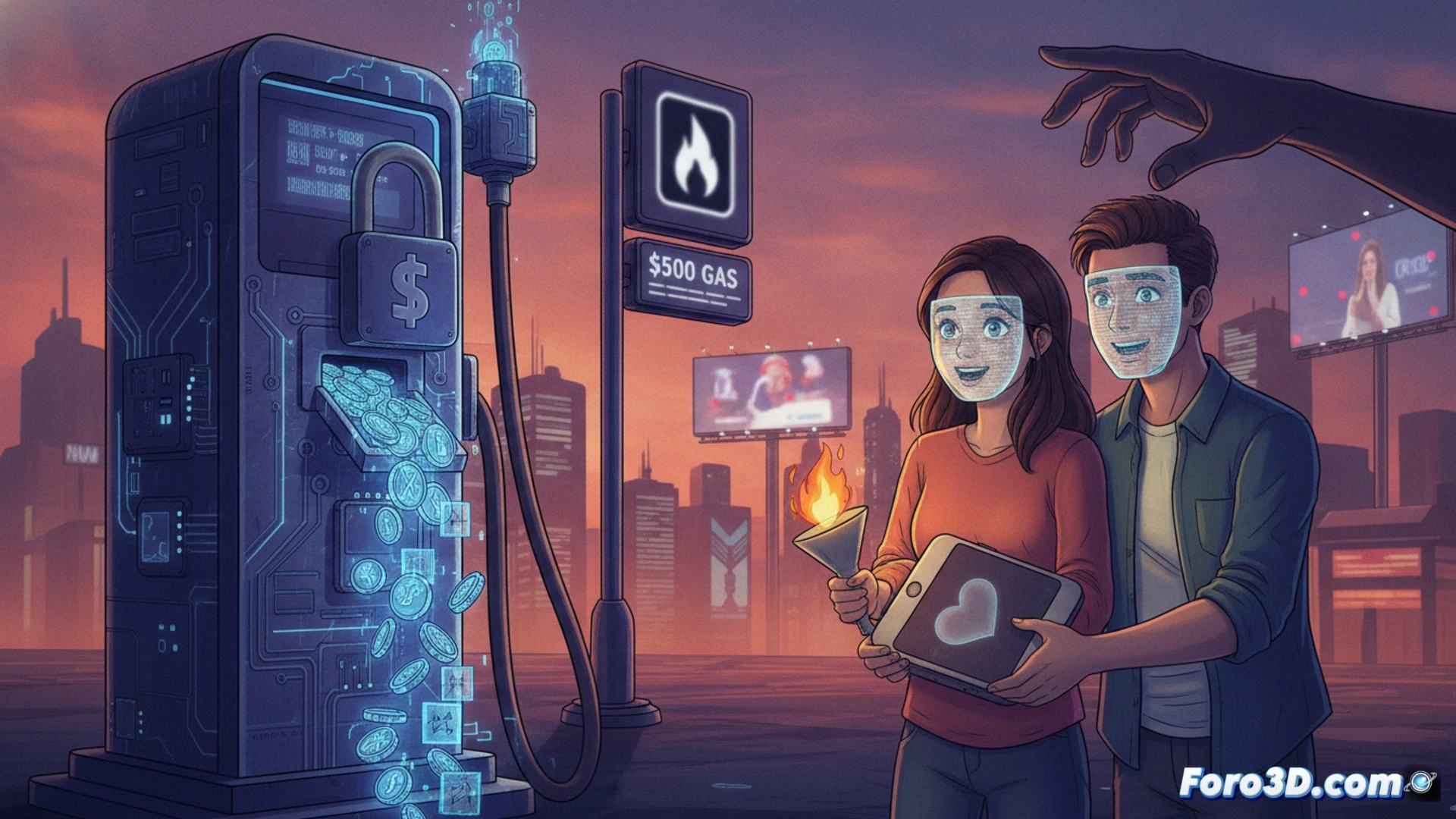 Smartphone screen glowing with BLK app interface, a gas pump nozzle mid-fill into a car tank, digital data streams flowing from phone into a massive server farm in background, location pins and purchase history icons being extracted from user profiles, cinematic technical illustration style, dark blue and neon orange lighting, translucent data cables wrapping around the car, surveillance camera lens reflecting the scene, photorealistic engineering visualization, high contrast industrial shadows, glowing data particles drifting upward
