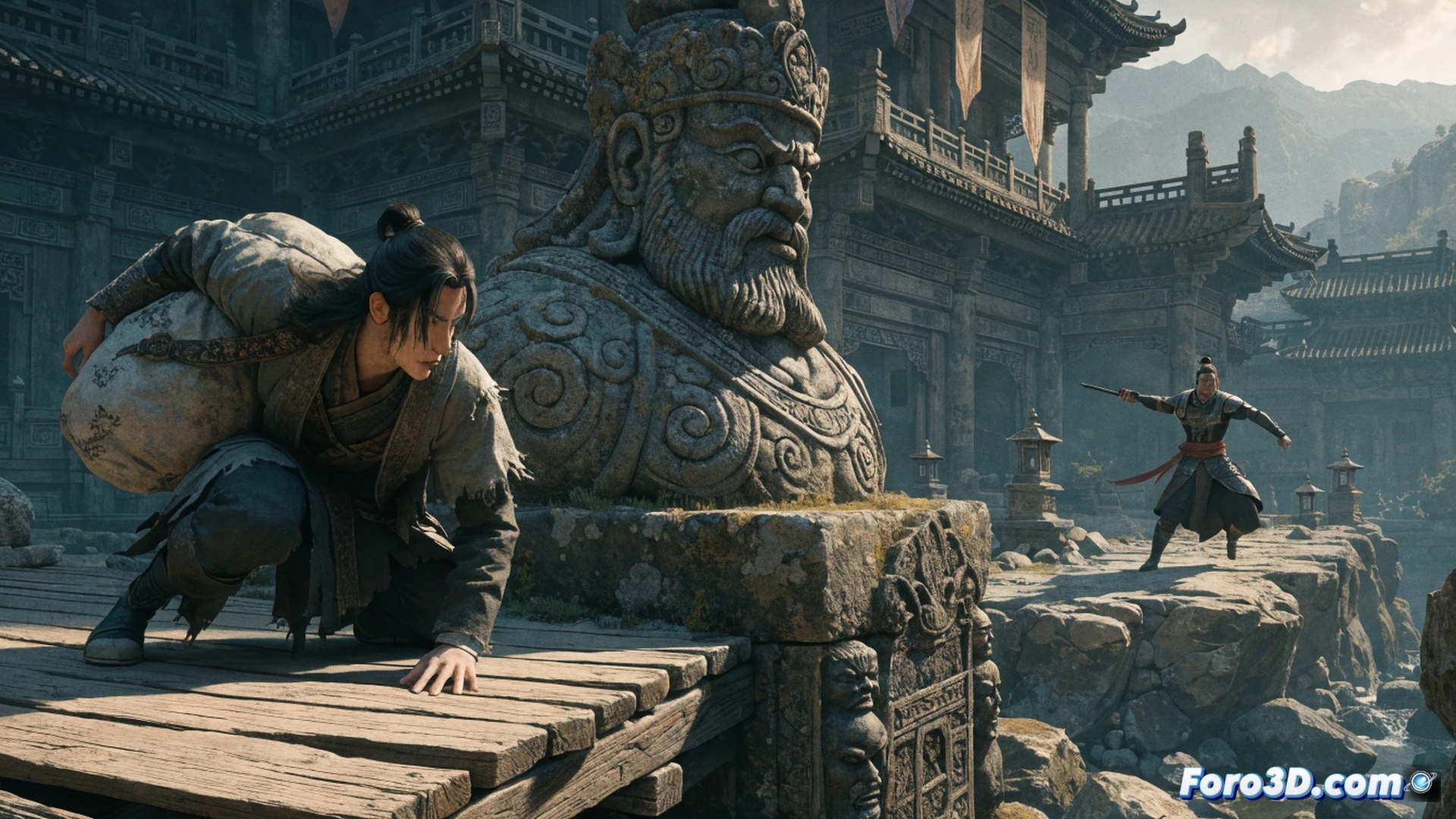ancient Chinese messenger sprinting across rooftop tiles under moonlight, holding a blood-stained scroll, enemy archers drawing bows on adjacent pagoda, grappling hook swinging mid-air between wooden beams, cinematic action scene, dynamic motion blur, glowing lanterns reflecting on wet stone streets below, photorealistic historical fantasy render, dramatic red and gold palette, sword blade glinting during a parry, architectural detail of curved eaves and carved pillars, ultra-detailed character clothing with flowing silk, Uncharted-style chase sequence, high-contrast volumetric lighting, mist rising from canal water, technical cinematography composition