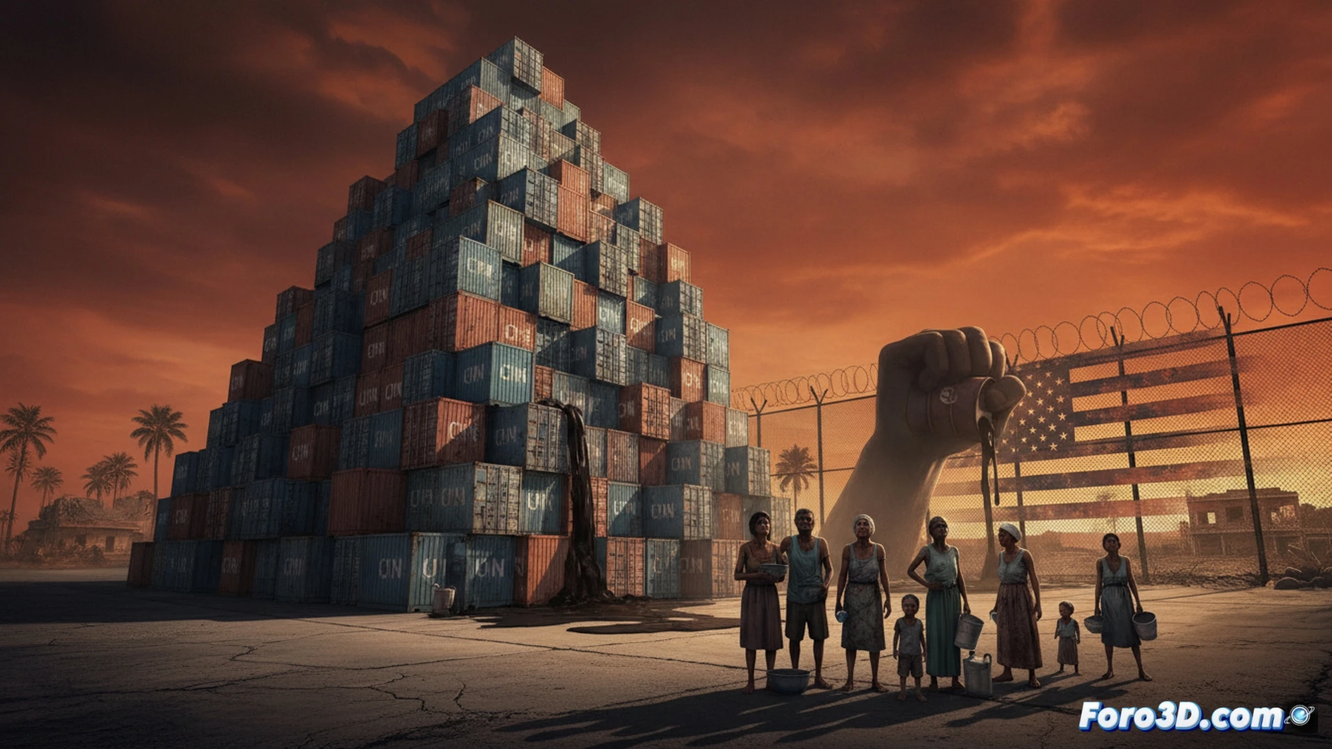 Cuba port warehouse interior, 170 stacked shipping containers labeled with UN logos, rusted fuel pumps disconnected, empty fuel gauge dials, cracked concrete floor, dim emergency lighting, workers standing idle near forklifts, dusty medical supply boxes visible through half-open container doors, cinematic photorealistic style, dramatic shadows from high windows, peeling paint on walls, abandoned machinery, atmosphere of stagnation and decay, ultra-detailed industrial textures, muted earth tones with single red warning light