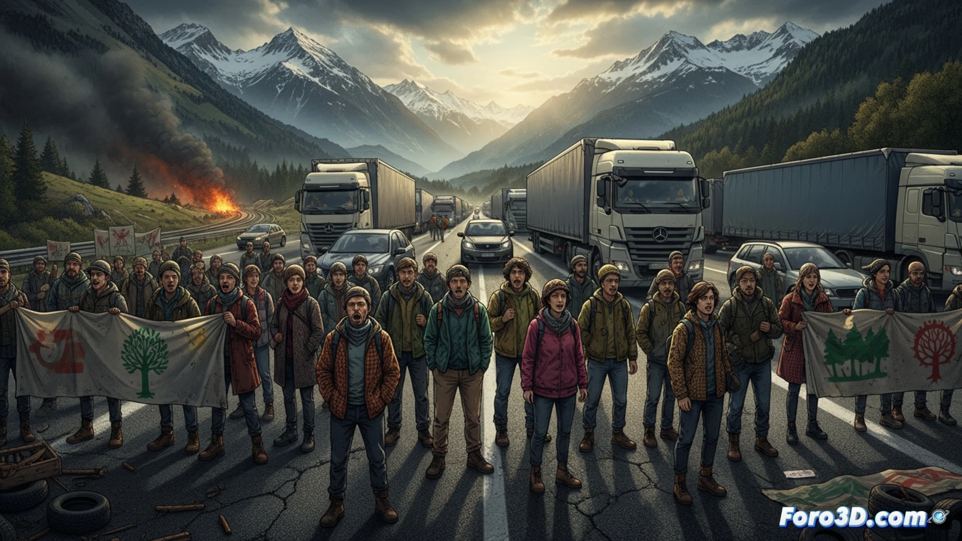 Aerial view of alpine highway at Brenner Pass, hundreds of protesters sitting on asphalt blocking heavy truck traffic, cargo trucks idling in long queue, smoke rising from burning railway ties in distance, activists holding banners while police stand nearby, photorealistic cinematic scene, dramatic overcast sky, mountains framing the valley, reflective wet road surface, detailed vehicle headlights creating light streaks, tense atmosphere with clear action of blockade in progress, technical illustration style for news article