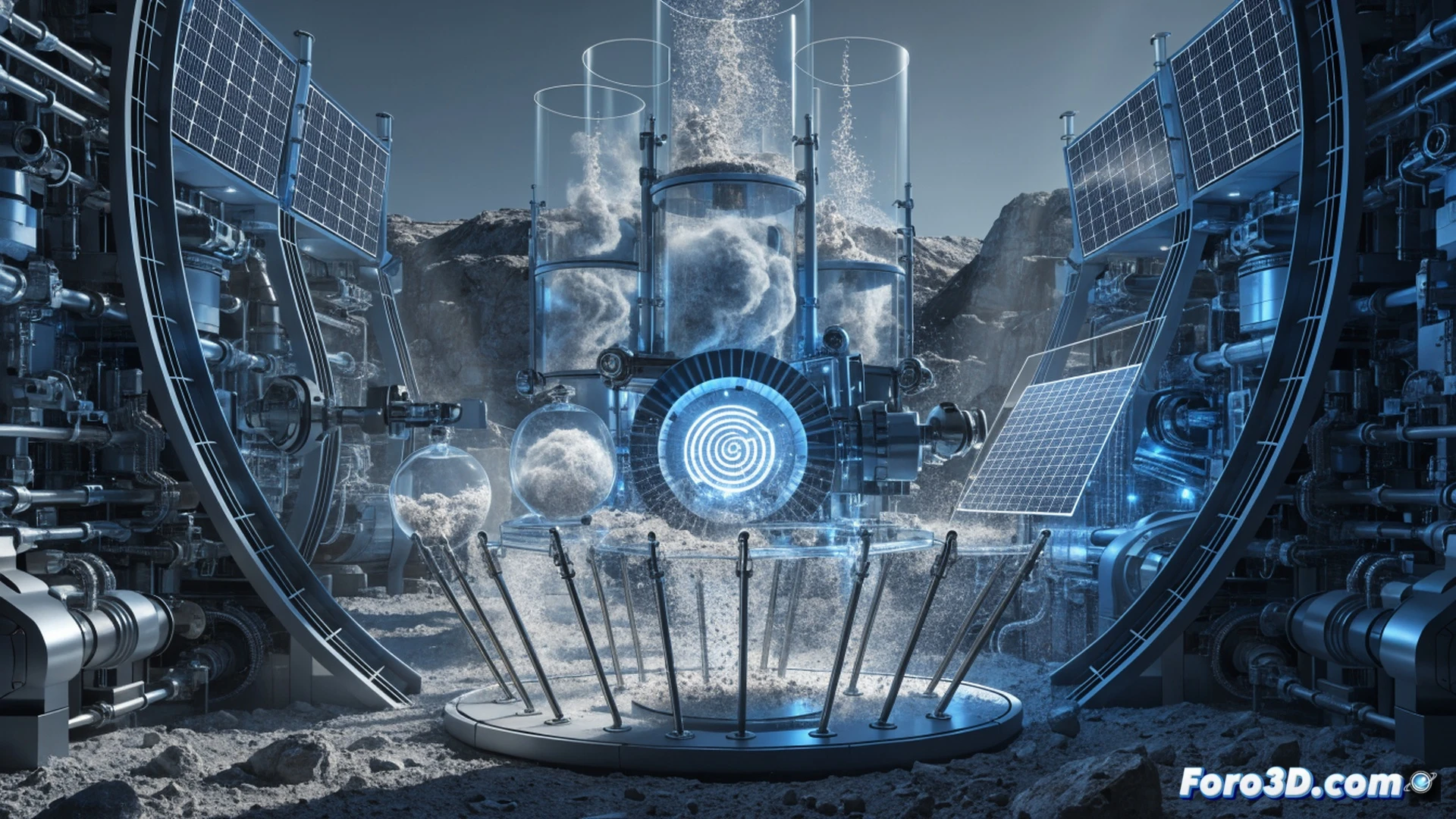 Lunar regolith being melted in a solar-powered furnace, molten material flowing into a mold to form a dark glassy solar cell panel, robotic arms assembling electrical cables from extracted iron filaments, dust particles floating in low gravity, harsh sunlight casting sharp shadows across the cratered surface, Earth visible in the black sky, engineering visualization style, photorealistic technical render, industrial lighting, ultra-detailed mechanical components, process demonstrating autonomous manufacturing