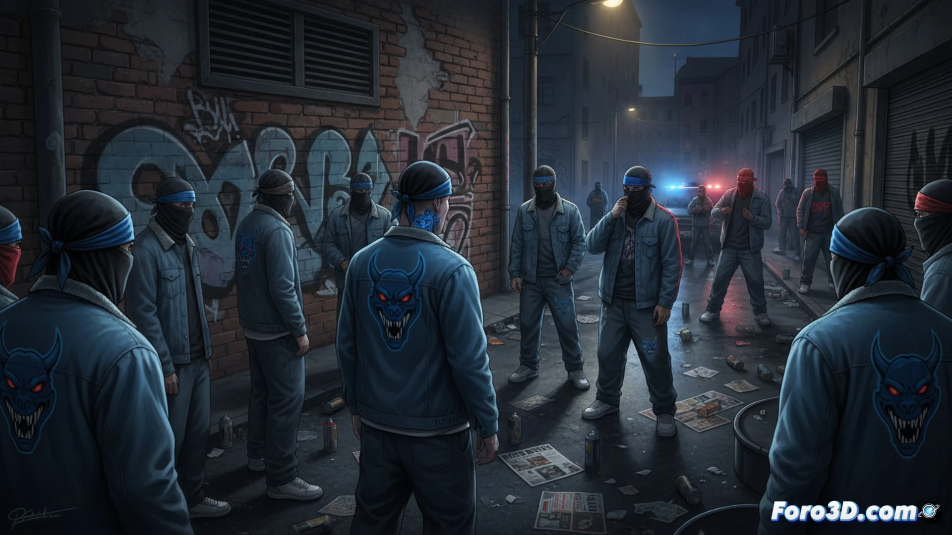 Three masked figures in blue bandanas spray-painting a demon skull symbol on a concrete wall in a dark Zaragoza alley, one holds a crowbar while another checks a smartphone with a Crips-style hand sign, broken streetlamp flickering above, graffiti of crossed-out DDP tag nearby, cinematic photorealistic style, dramatic low-angle shot, urban decay texture, wet cobblestone reflections, tense confrontation atmosphere, deep shadows and blue-tinted lighting, hyper-detailed fabric folds and metal tools, motion blur on spray paint mist, gritty documentary aesthetic