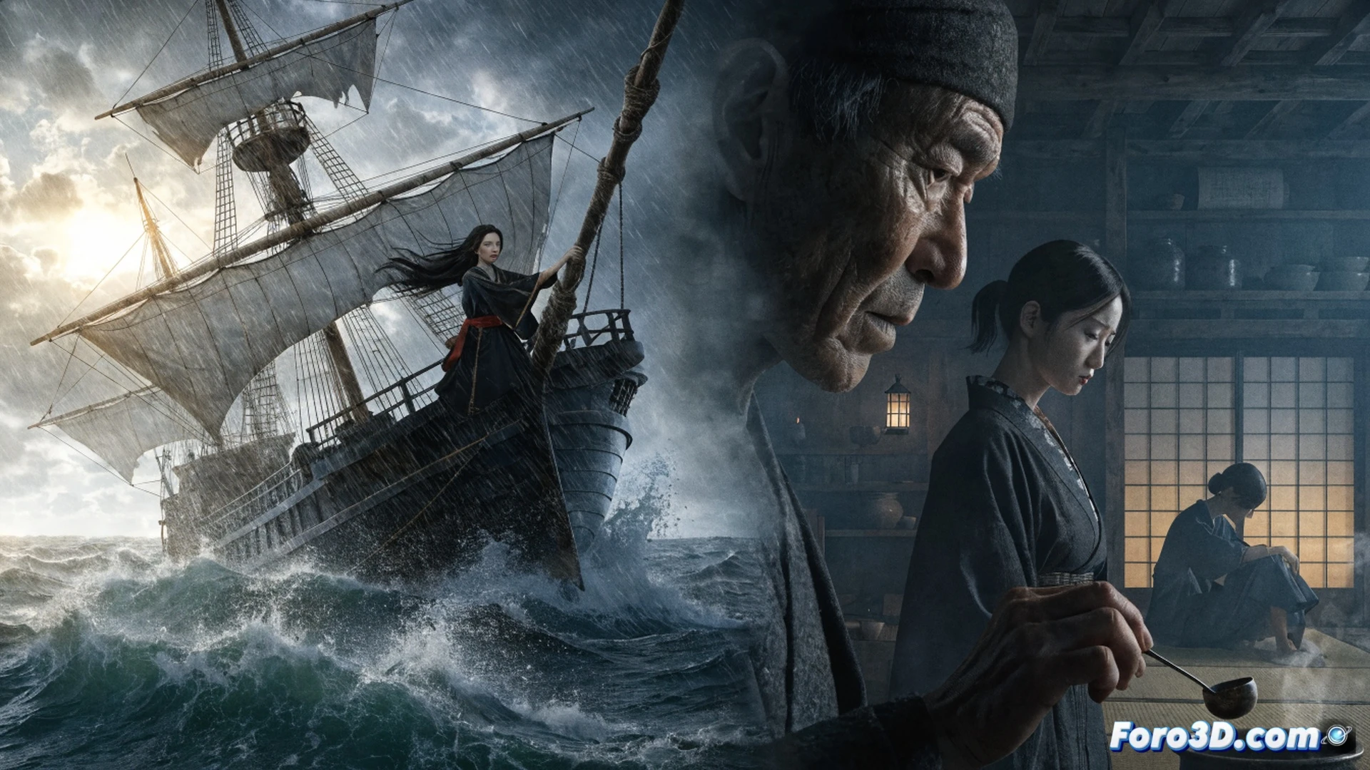 cinematic storm scene during Mizu crossing Atlantic toward London, wooden sailing ship deck in chaotic high waves, Mizu gripping katana handle while blue eyes glow against dark clouds, rain lashing across her face, ship rigging straining in wind, distant lightning illuminating London harbor silhouette, dramatic side lighting on wet wood and metal components, photorealistic animation style, detailed ocean spray particles, motion blur on crashing waves, dark teal and steel color palette, intense action pose, ultra-detailed fabric folds and weapon texture