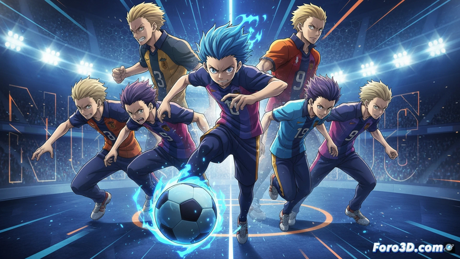 isometric anime-style stadium interior, three soccer players mid-action on a glowing holographic field, blue crystal energy trails following their movements, technical schematics of muscle activation and joint angles overlaid as semi-transparent wireframes, cinematic lighting with blue and white spotlights cutting through dust particles, motion blur on kicking leg, tactical data streams flowing around the players, photorealistic digital painting with cel-shaded accents, dramatic shadows emphasizing intense expressions, neon blue goal posts in background, dynamic composition with diagonal force lines
