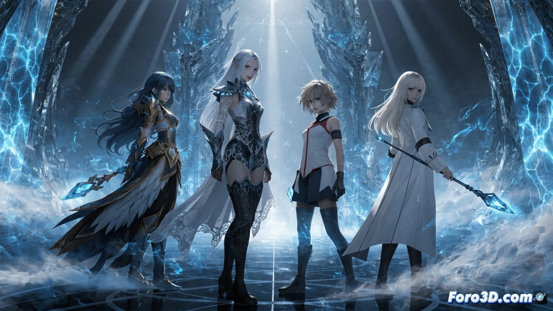 Three anime-style magical girls in school uniforms mid-transformation, glowing blue energy rings forming around their bodies, shattered glass-like magic particles floating in a circular vortex, a fourth girl reaching toward a glowing central jewel, Japanese high school rooftop at sunset, cinematic action scene, dynamic poses with flowing skirts and hair, translucent hexagonal barriers forming around their hands, sparking magical circuits on the ground beneath them, soft pastel pink and blue gradient lighting, sharp lens flares from the jewel, ultra-detailed fabric folds, photorealistic anime render, dramatic aerial perspective.