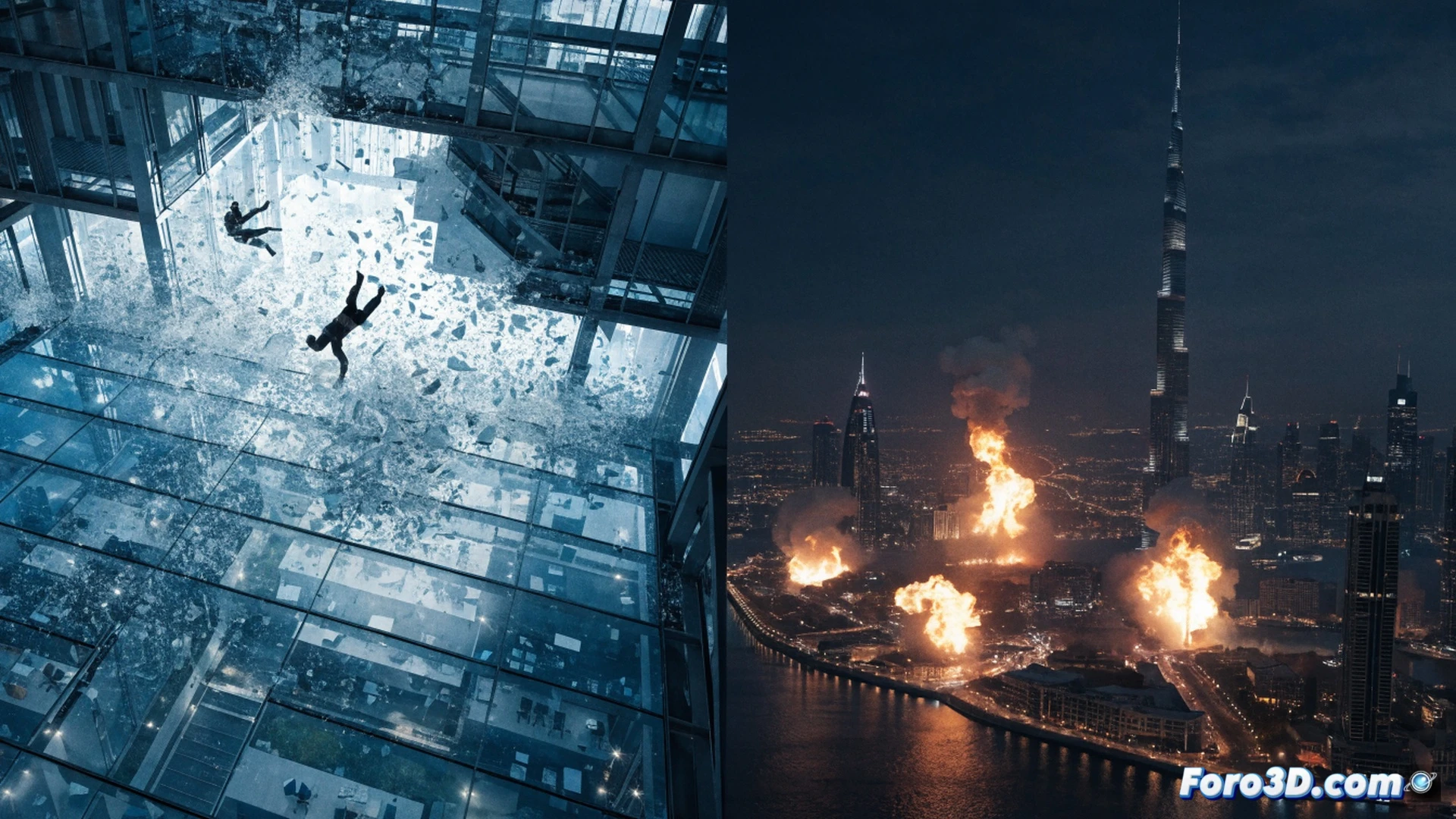 crystal floor shattering under a spy while running, glass fragments suspended mid-air, explosion blast wave from a Dubai high-rise window, digital wireframe overlay showing structural collapse simulation, BlueBolt workstation with monitor displaying 3D particle physics engine, keyboard and mouse in foreground, cinematic photorealistic technical illustration, dramatic orange-blue lighting, debris trajectories traced with neon blue lines, hyper-detailed glass refraction, motion blur on falling shards, engineering visualization style, ultra-sharp focus on impact zone