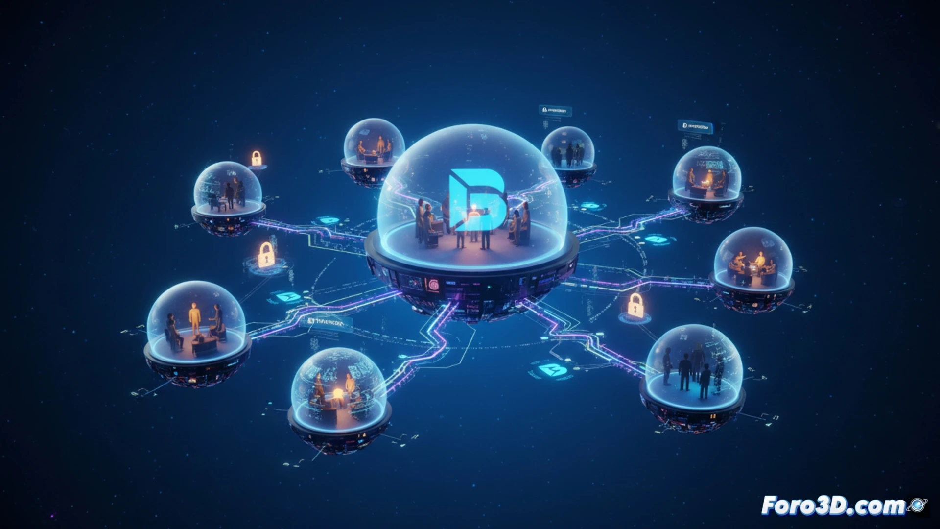 Bluesky interface showing a cluster of floating community bubbles, each with distinct privacy icons like a lock and an invite badge, users stepping into different colored spaces while their main feed fades behind them, modular feed panels stacking inside a community hub, technical illustration style, clean UI wireframe aesthetic, soft blue platform tones, organized spatial layout, glowing border around active community, minimalist modern design, photorealistic app concept render