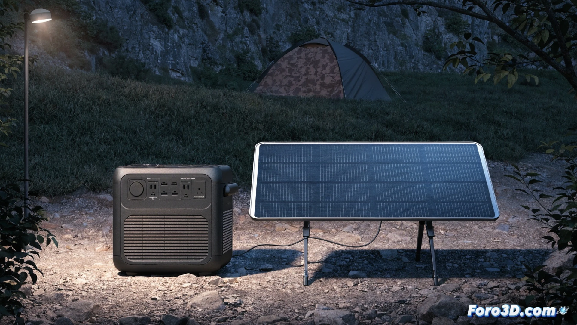 Photorealistic technical scene showing a BLUETTI Elite 300 power station connected to a single 350W solar panel under bright sunlight, digital charge indicator displaying 12 hours remaining, slow energy flow visualized as faint yellow lines moving from panel to station, camping gear and LED lantern nearby suggesting off-grid use, engineering visualization style, metallic casing with cooling vents visible, clear sky background, realistic shadows and reflections, ultra-detailed electronic components, cinematic lighting emphasizing the patient charging process, no text or numbers on the image