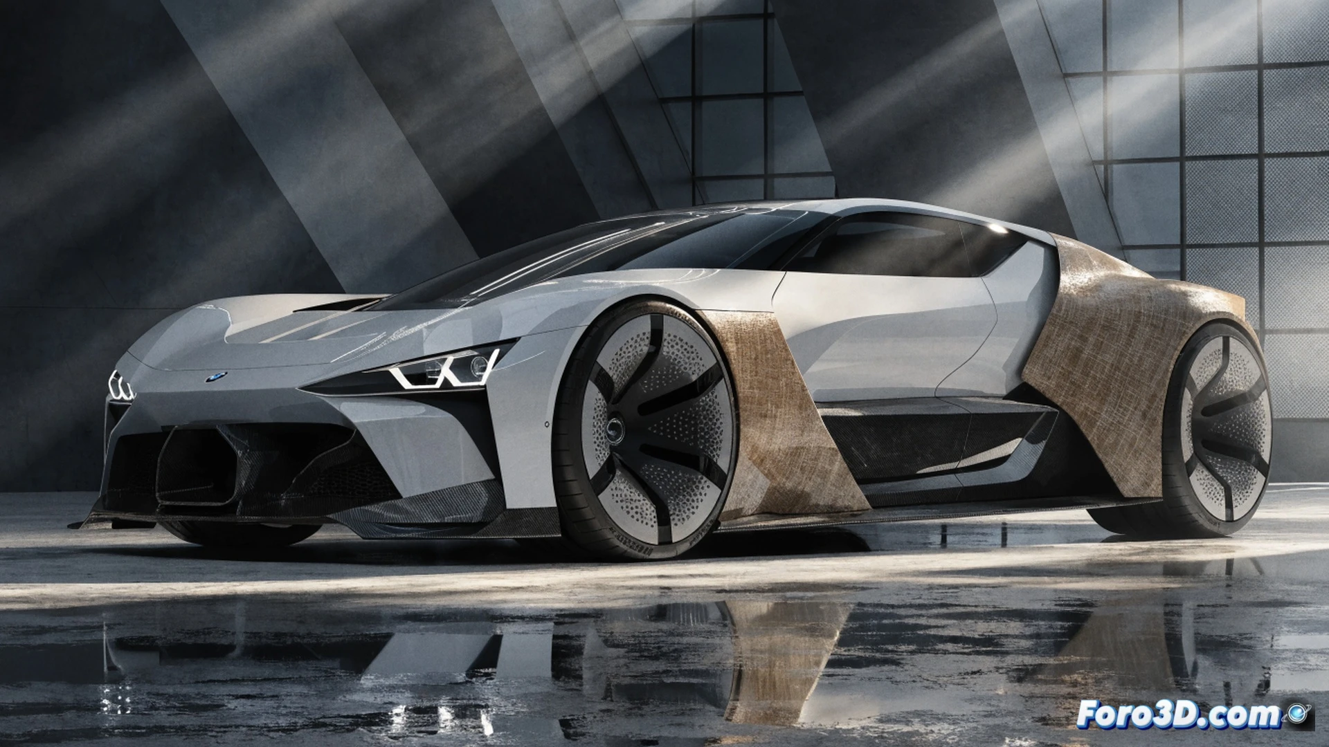 BMW M Concept Neue Klasse drifting on a wet test track at high speed, rear wheel spinning, blue electric arcs visible near wheel hub, carbon fiber body panels flexing under lateral G-force, natural fiber composite brake disc glowing orange, suspension linkage compressing, cinematic engineering visualization, photorealistic vehicle dynamics, motion blur on wet asphalt, sparks from regenerative braking, ultra-detailed chassis and aerodynamic venturi tunnels, dramatic moody lighting with neon ambient glow