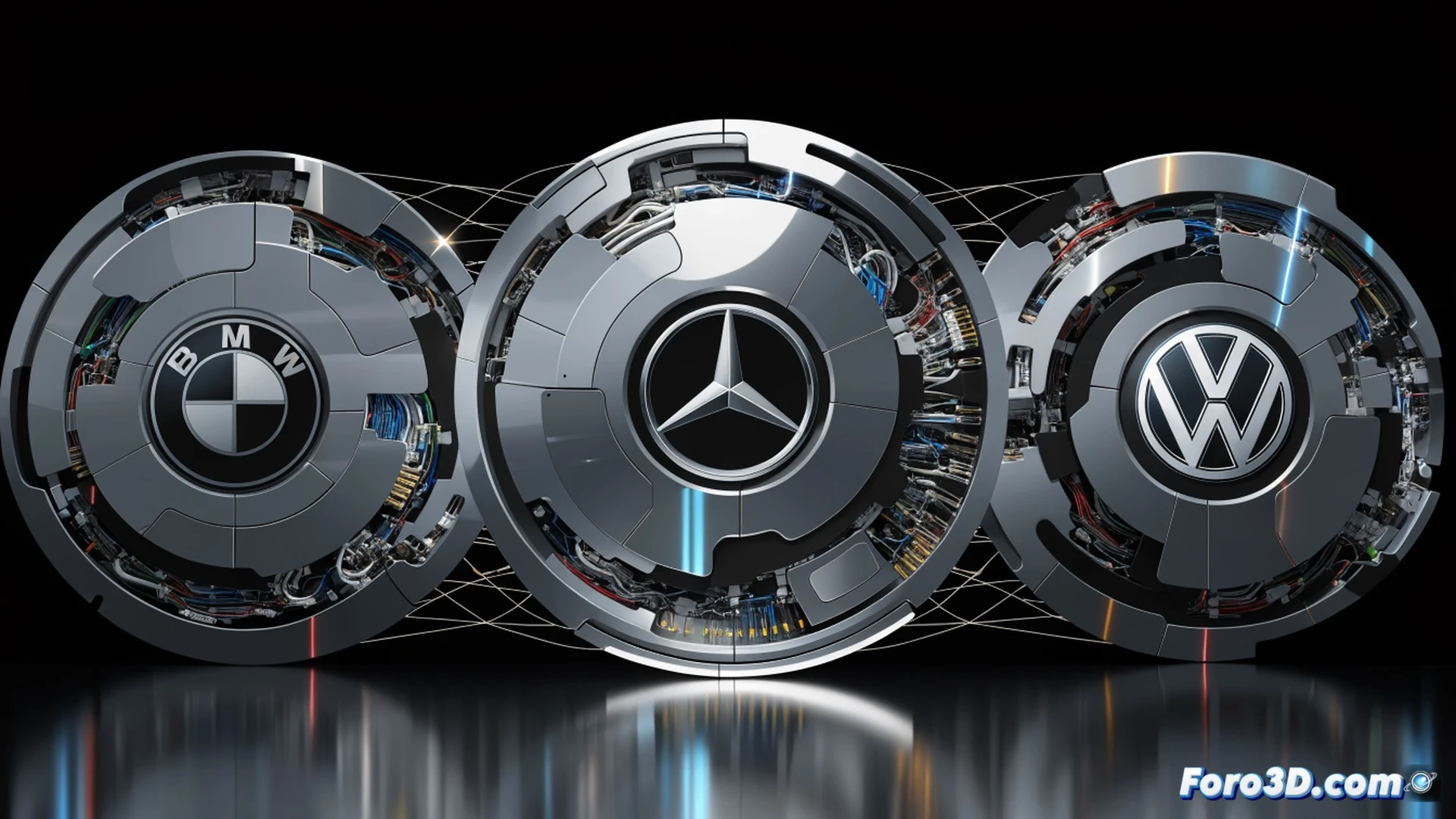 Three automotive engineers from BMW Mercedes and Volkswagen standing together in a futuristic digital command center, hands interacting with a massive holographic interface showing Eclipse S-Core platform architecture, live battery management data streams flowing between connected electric vehicles, software update nodes pulsing across a unified network map, glowing circuit board patterns beneath transparent floor, sleek minimalist industrial design, cool blue and silver lighting, cinematic technical visualization, hyper-detailed holographic projections with floating code snippets, collaborative teamwork atmosphere, photorealistic engineering render, dramatic shadows from overhead spotlights, reflective surfaces showing digital schematics