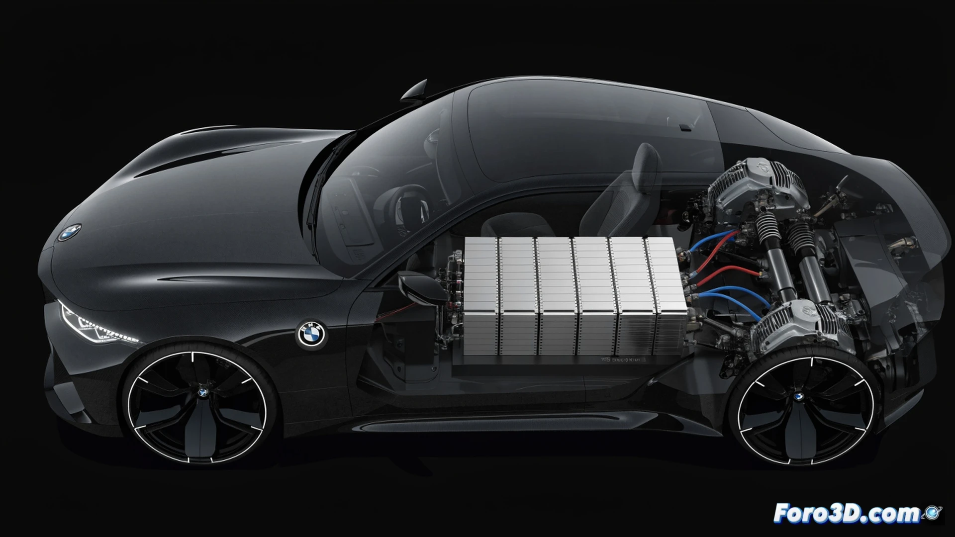 BMW Neue Klasse M electric performance concept, four individual motors visible through transparent panels, battery pack glowing with blue energy pulses during ultra-fast charging process, vehicle drifting on a racetrack at high speed, rear wheels spinning with visible torque vectoring effects, tire smoke and sparks, suspension components under dynamic load, dramatic motion blur, cinematic engineering visualization, carbon fiber body panels with metallic blue accents, futuristic headlights cutting through mist, photorealistic technical render, dynamic action scene