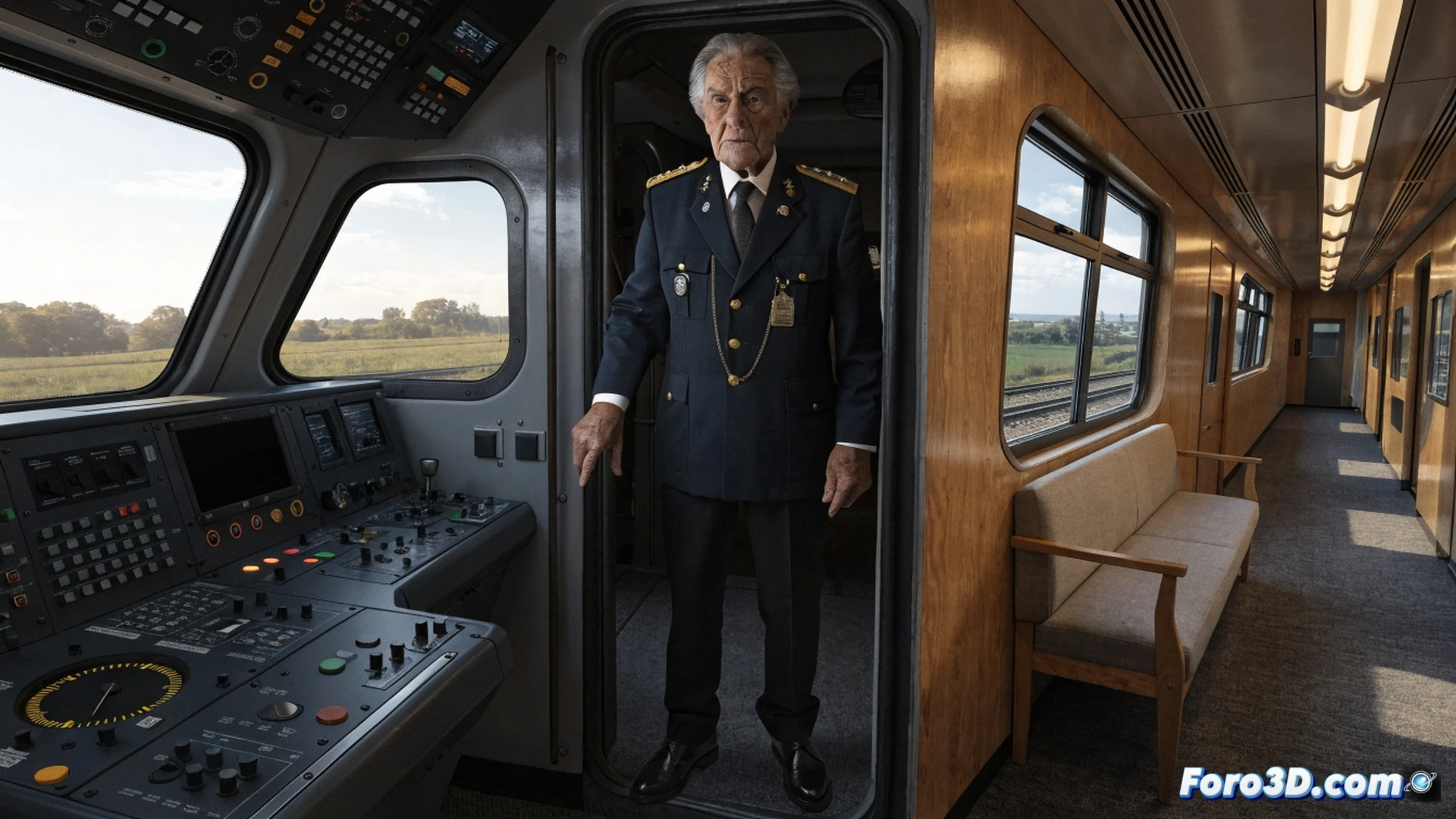 close-up of an elderly man in a train conductor uniform, 84 years old, checking a digital tablet while standing in a modern train carriage, hand resting on a control panel with illuminated buttons, Avanti West Coast livery visible on seats behind him, warm cabin lighting, silver hair and wrinkled hands demonstrating experience, photorealistic cinematic portrait, shallow depth of field, soft focus on the train interior, professional yet passionate expression, technical details of the tablet screen showing train schedule data, dramatic side lighting emphasizing age and dedication