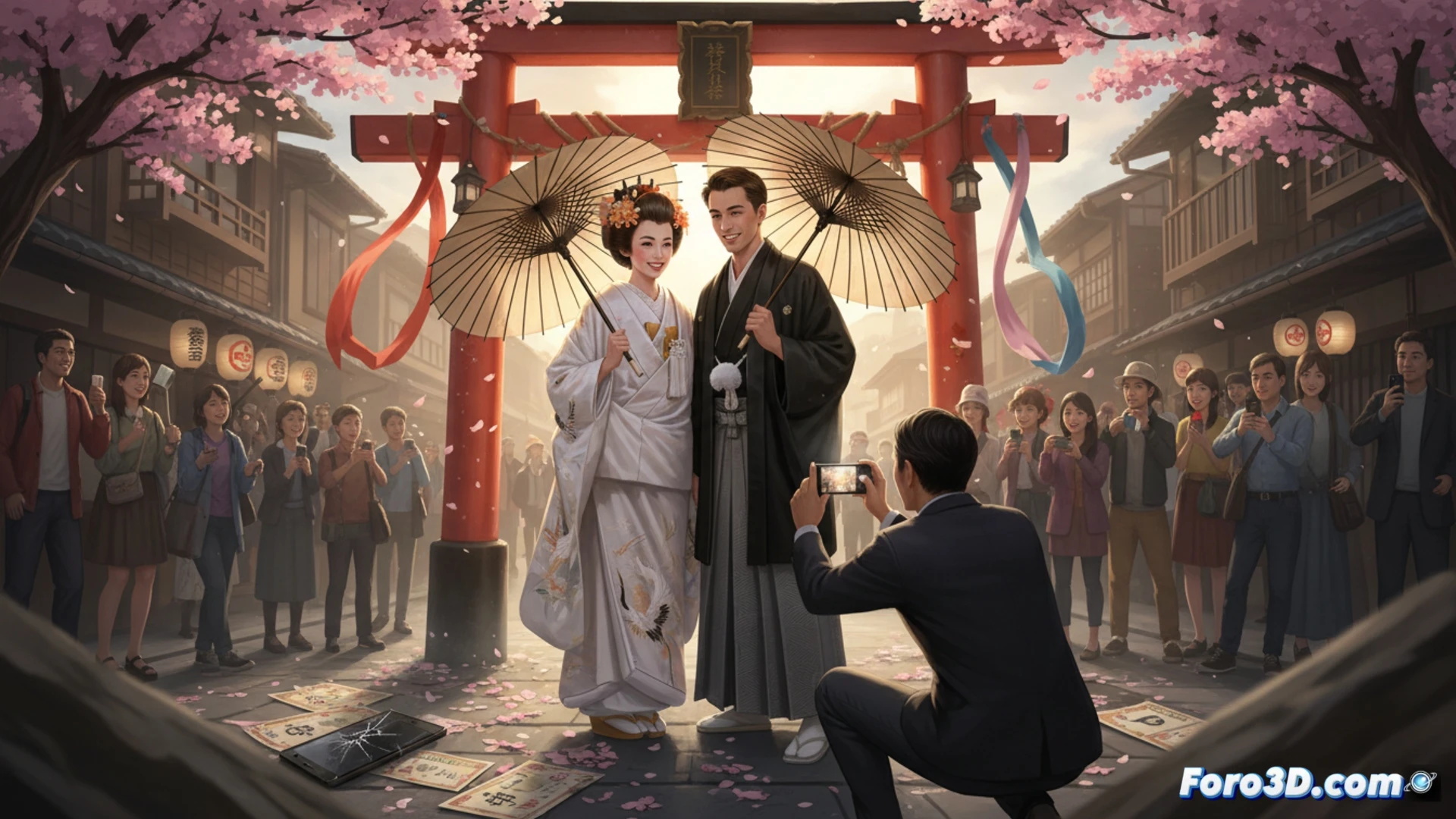cinematic wide shot, foreign couple in traditional wedding attire posing for a smartphone photo in front of a Shinto shrine, a Japanese officiant holding a fake ceremonial scroll with a barcode sticker on it, a laptop on a tripod showing an Instagram editing app with a price tag overlay, a printer spitting out a useless certificate while a tourist visa document lies crumpled nearby, photorealistic architectural render, golden hour sunlight casting long shadows, subtle digital glitch effect on the shrine torii gate, high-end wedding dress fabric detail contrasting with cheap plastic props, ultra-realistic texture on wood and paper