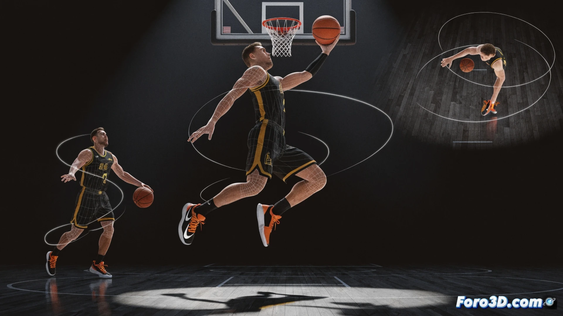 Photorealistic technical illustration of a basketball player executing a step-back three-point shot, showing 3D motion analysis overlay with glowing biomechanical lines tracing footwork timing and hip rotation, high release point with extended follow-through, defensive player caught off-balance in the background, wireframe skeleton and trajectory arc visible, cinematic sports science visualization, dynamic pose mid-air, subtle motion blur on jersey, detailed sneaker grip and court floor reflection, dramatic arena lighting with cold blue and warm orange contrast