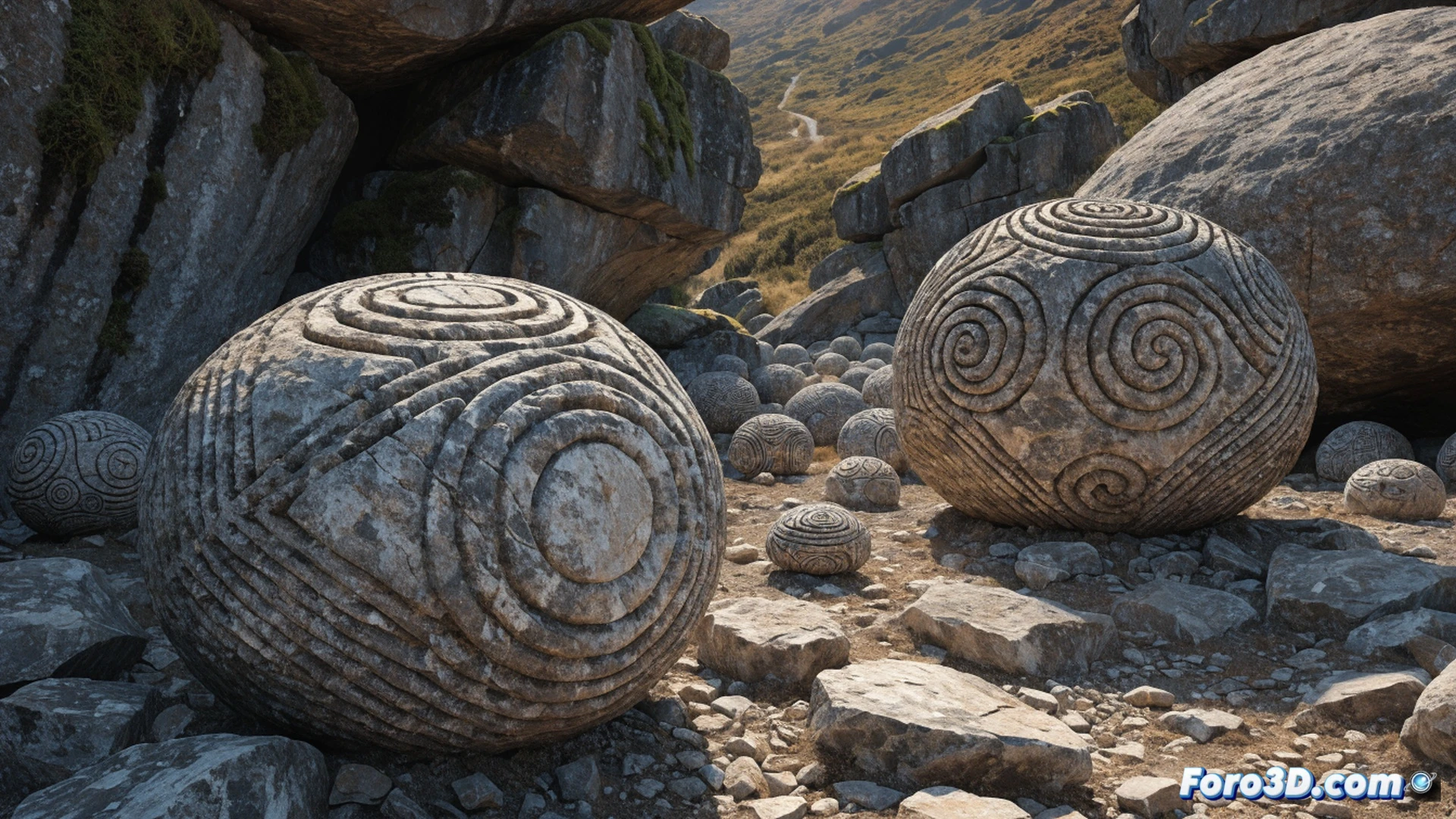 Escena neolítica en Escocia, manos tallando una esfera de piedra con relieves geométricos perfectos, usando un percutor de pedernal sobre un soporte de madera, durante el proceso de creación, mostrando las marcas de desgaste simétricas y la precisión angular, junto a otras esferas incompletas y herramientas líticas esparcidas, iluminación natural difusa de un paisaje brumoso, estilo cinematográfico hiperrealista, textura de granito pulido, sombras dramáticas, enfoque en los detalles tallados y la acción manual, fondo de colinas verdes y cielo nublado, fotorealismo técnico arqueológico.