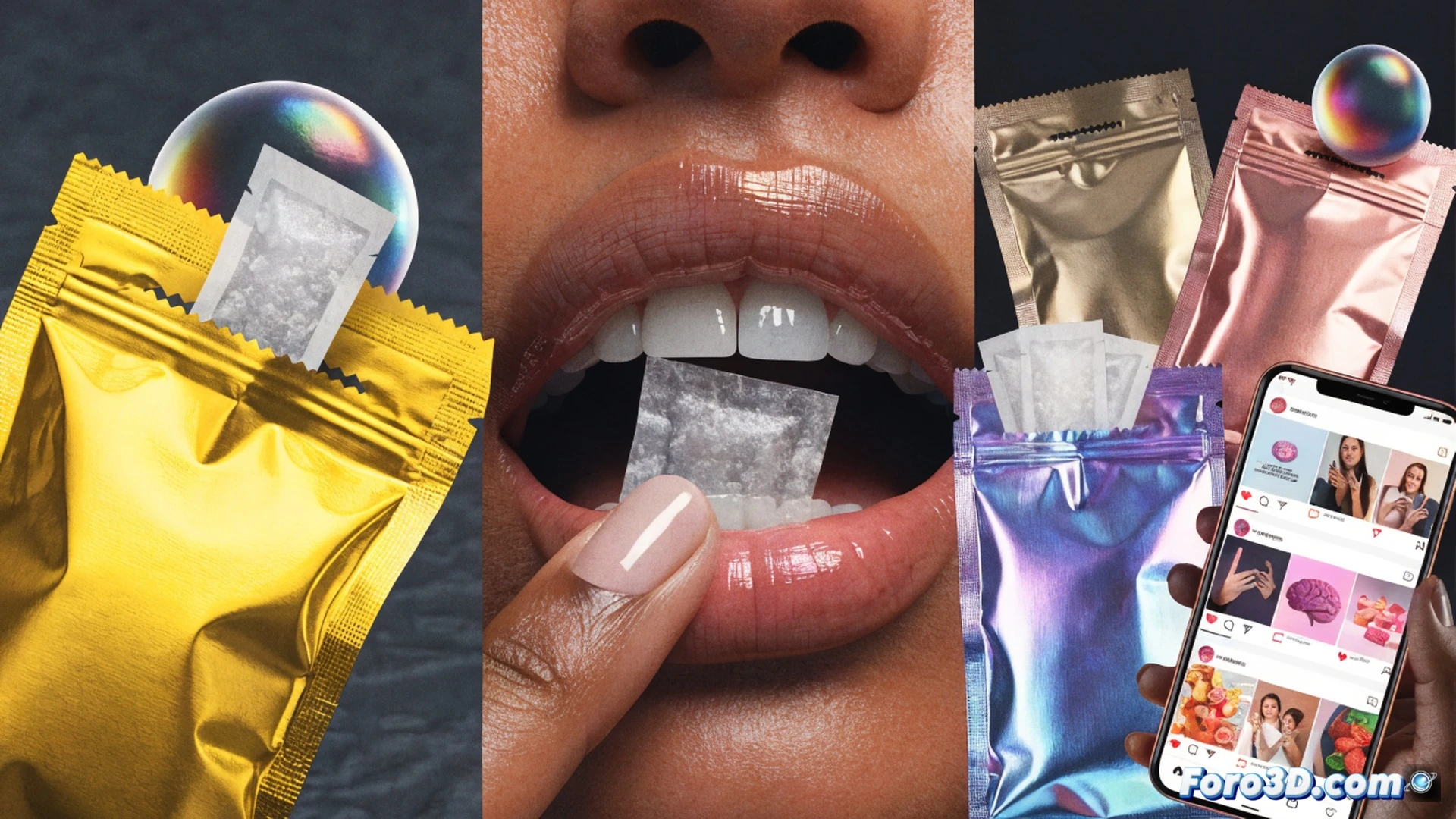 adolescent hand placing a white nicotine pouch between gum and upper lip, smartphone screen beside showing social media ad with colorful fruit flavors, bright pink and green packaging scattered on desk, open laptop displaying sales growth graph with rapid upward trend, glowing particles representing addiction spreading from mouth to brain, cinematic photorealistic medical visualization, clinical white background with dramatic blue-red lighting, ultra-detailed skin texture and metallic pouch foil, macro lens perspective, sharp focus on pouch placement