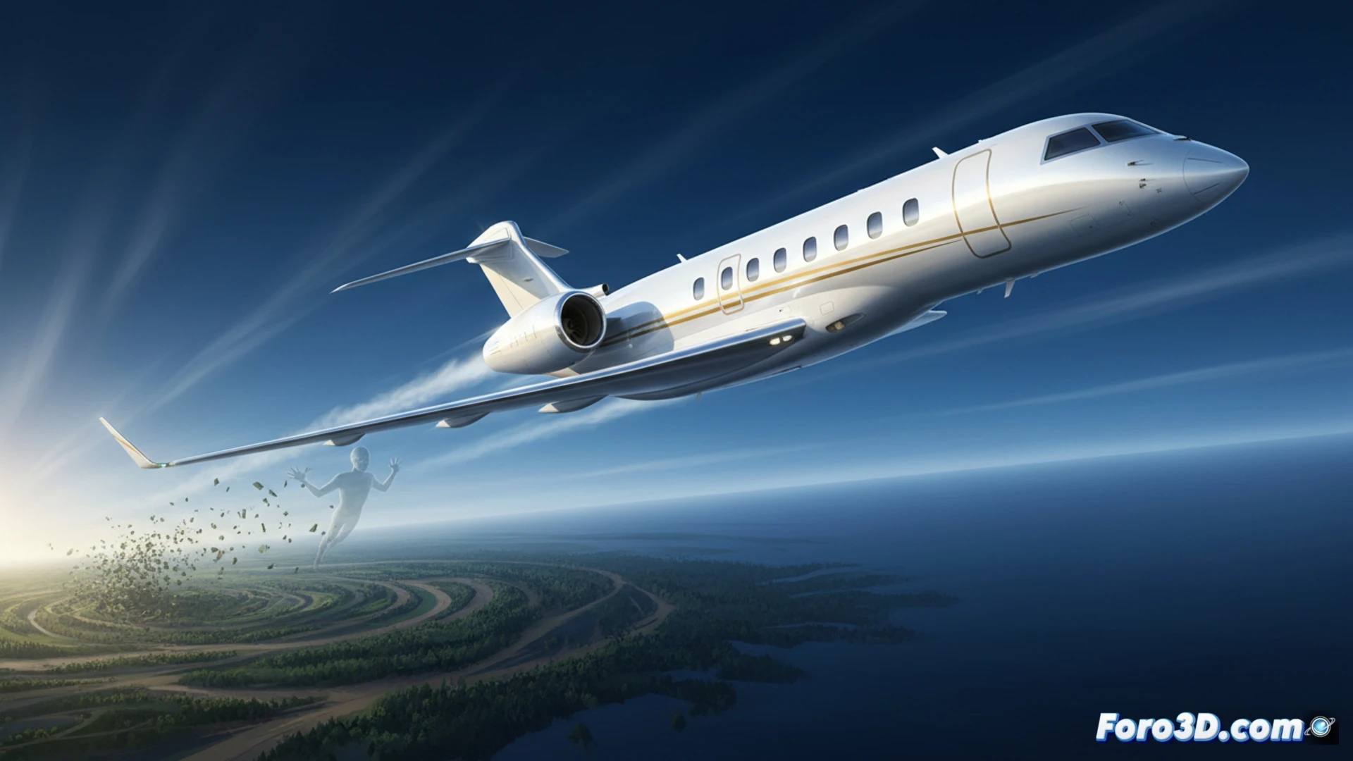 Bombardier Global 8000 jet slicing through thin stratospheric air at Mach 0.95, shockwave condensation trails forming over swept wings and tail, contrails visible behind, ground curvature and deep blue sky above, while engine nacelles show heat distortion and turbine blades spinning at extreme RPM, cinematic photorealistic engineering visualization, metallic fuselage reflecting sunlight, aerodynamic stress indicators glowing faintly on wing surfaces, ultra-detailed aerospace components, dramatic high-altitude lighting, motion blur on wingtips, technical illustration style