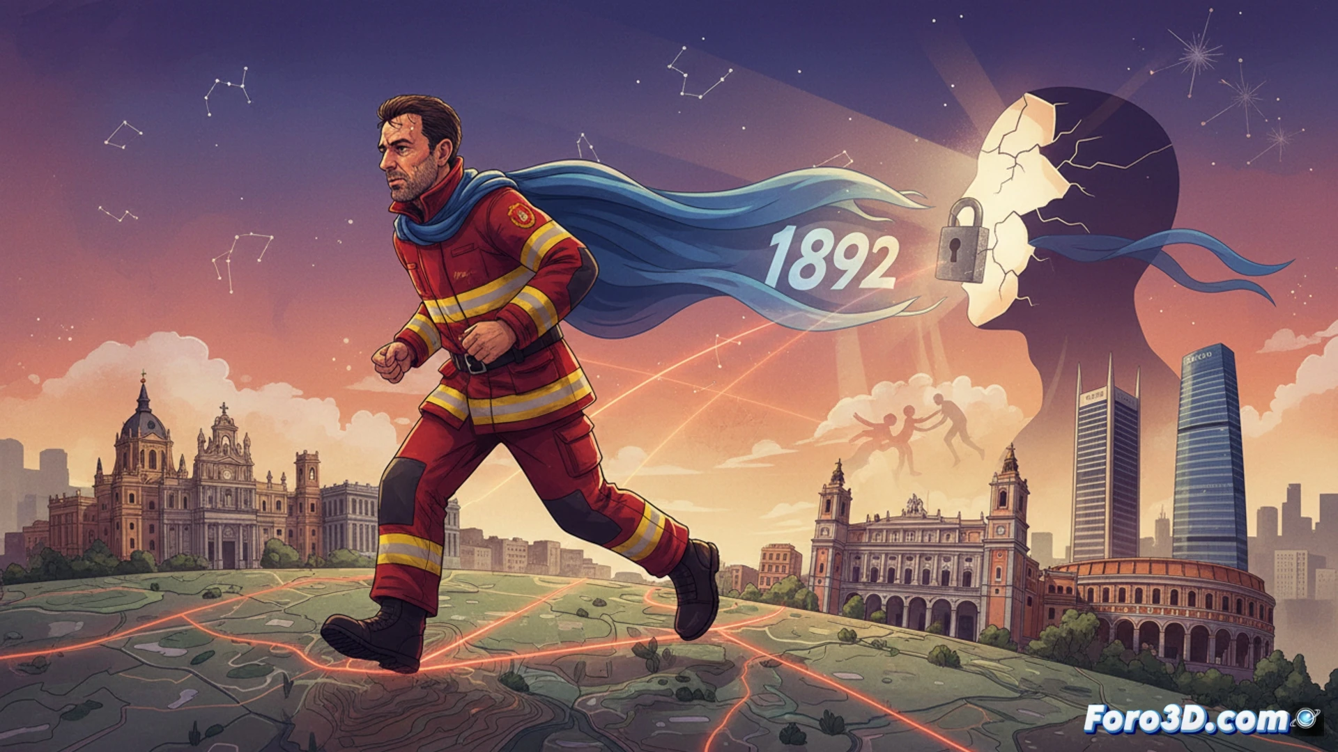 firefighter in full yellow bunker gear running on a dusty mountain trail, Madrid skyline visible in background, GPS watch on wrist displaying 1892 km distance, sweat dripping in sunlight, paramedic backpack with medical cross symbol bouncing, dramatic cinematic photorealistic style, golden hour lighting, motion blur on legs, dust particles in air, emotional action shot, ultra-detailed fabric textures, sunrise over distant mountains