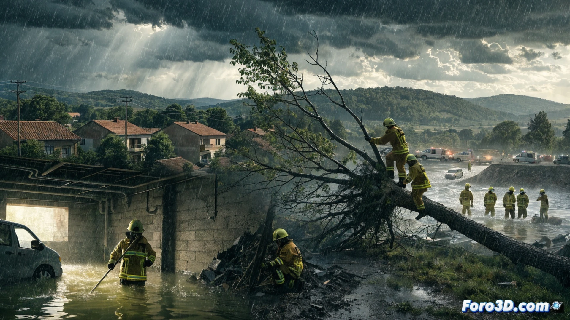 Bomberos en acción en calle inundada de Puertollano, lluvia torrencial cayendo, dos bomberos con trajes impermeables amarillos usando bomba de achique portátil para extraer agua de un sótano anegado, manguera flexible naranja expulsando agua a presión, árbol caído sobre un coche al fondo, ramas rotas y hojas en el suelo, luces estroboscópicas del camión de bomberos reflejándose en charcos, viento azotando toldos y carteles, cielo gris oscuro y tormentoso, estilo cinematográfico fotorrealista, iluminación dramática, texturas mojadas, movimiento congelado de gotas de lluvia