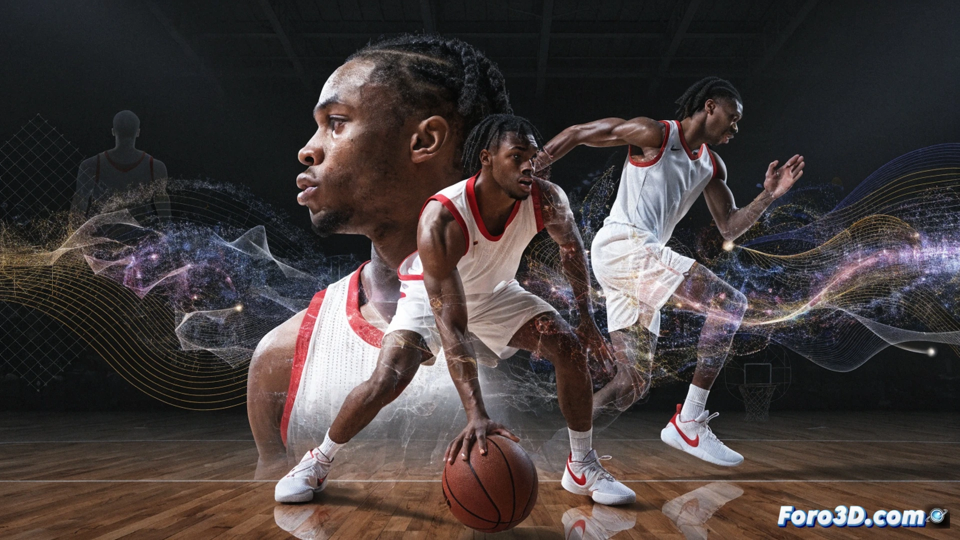 Basketball player mid-air launching a three-pointer from the logo, body twisted in an off-balance motion, defender lunging late, floor spacing created by sudden change of pace, glowing trajectory lines from the ball showing chaotic arc, high-speed motion blur on jersey and shoes, photorealistic cinematic sports visualization, dramatic arena lighting, sweat droplets frozen in action, technical breakdown of footwork and release point highlighted with translucent red markers, ultra-detailed muscle tension and fabric folds, 8K hyperrealistic render